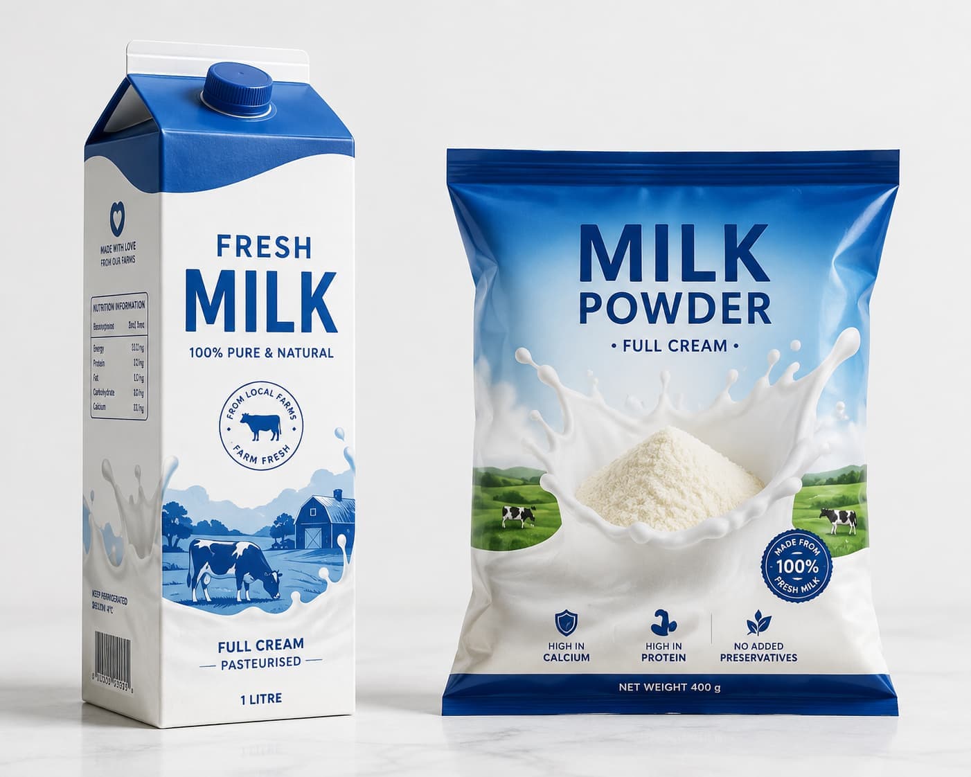 Fresh milk carton and milk powder tin side by side