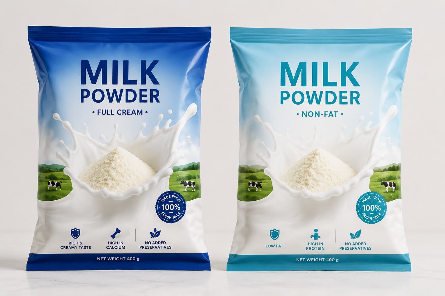 Full cream and non-fat milk powder tins