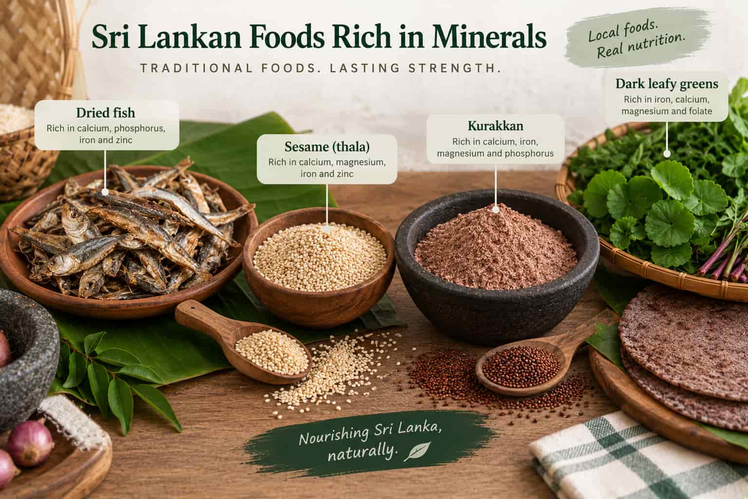 Sri Lankan foods rich in minerals — dried fish, sesame, kurakkan, dark leafy greens
