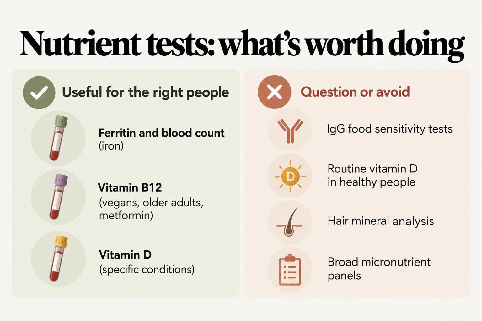 Two-column infographic, nutrient tests: what's worth doing. Useful for the right people: ferritin and blood count for iron, vitamin B12 for vegans, older adults and people on metformin, and vitamin D for specific conditions. Question or avoid: IgG food sensitivity tests, routine vitamin D in healthy people, hair mineral analysis and broad micronutrient panels