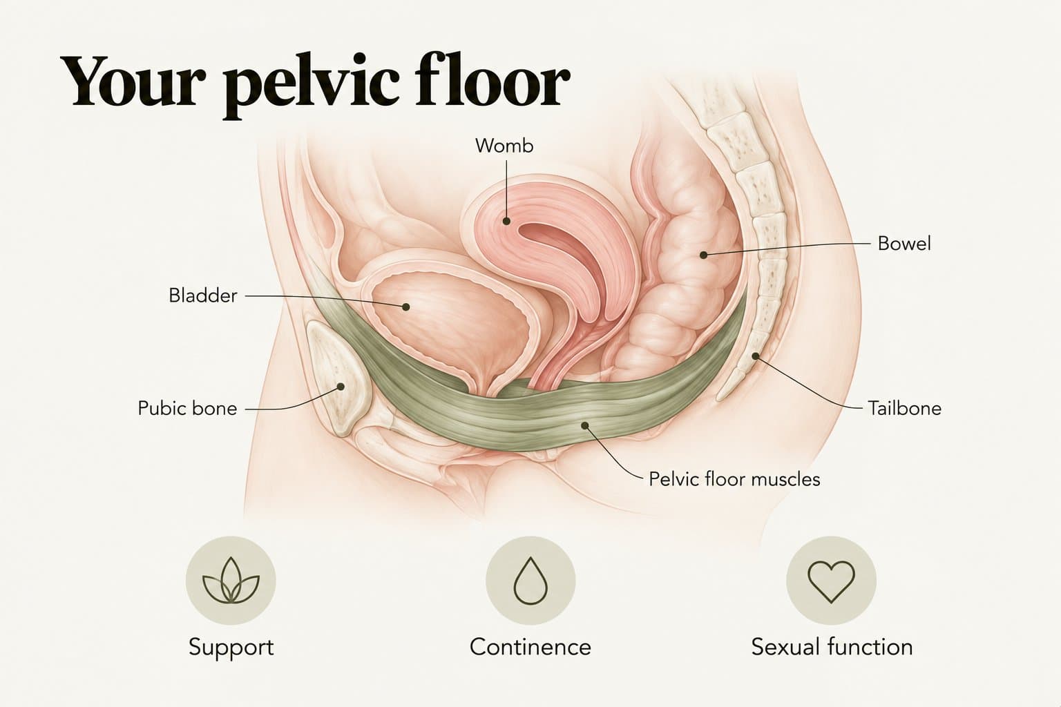 Side-view illustration, your pelvic floor: a hammock of pelvic floor muscles stretching from the pubic bone to the tailbone supports the bladder, womb and bowel, providing support, continence and sexual function