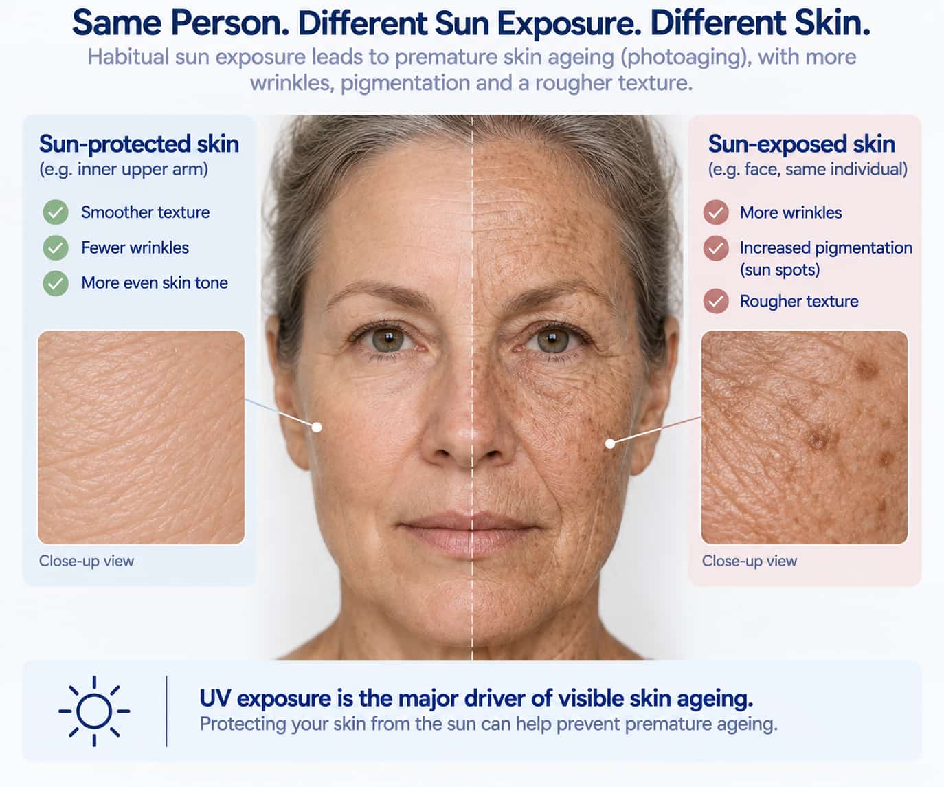 A side-by-side comparison of sun-protected versus habitually sun-exposed skin from the same individual, illustrating the distinct visual signature of photoaging