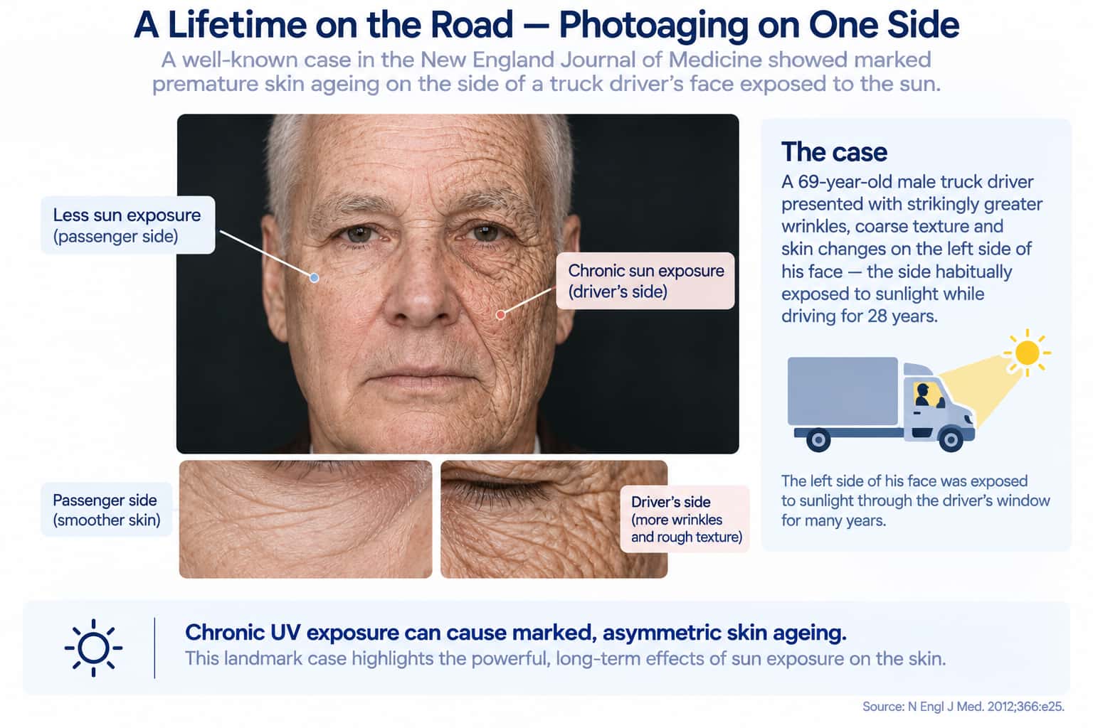 An illustration of the well-known NEJM case showing asymmetric photoaging on one side of a long-term driver's face