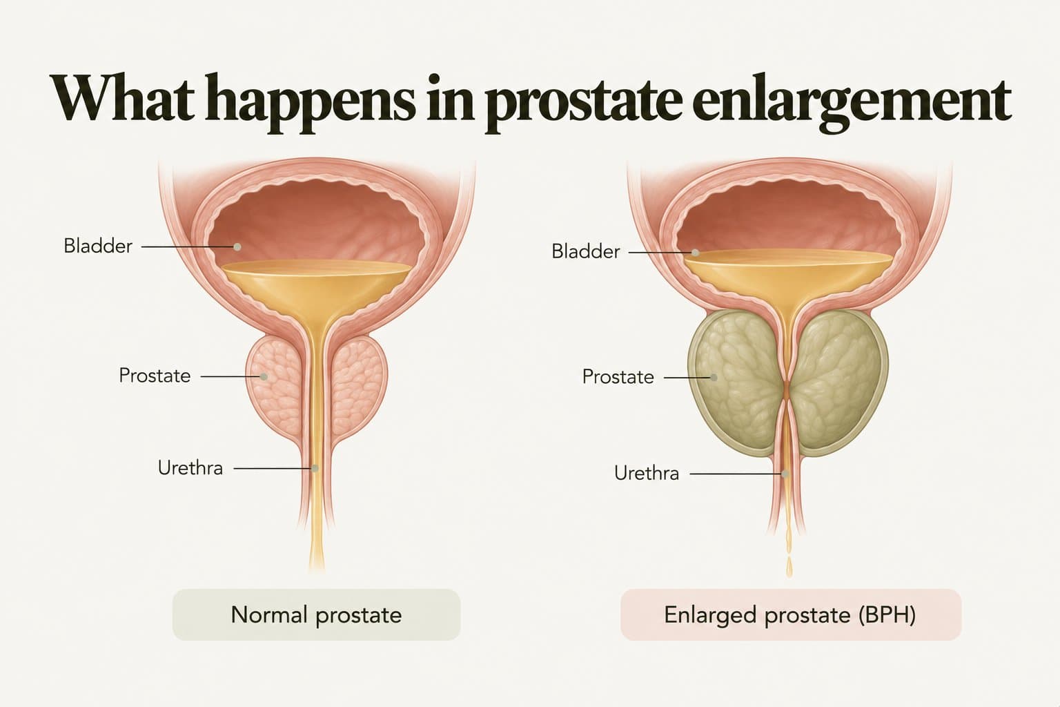 Diagram, what happens in prostate enlargement: a normal prostate below the bladder with an open urethra, compared with an enlarged prostate (BPH) narrowing the urethra and reducing the urine stream