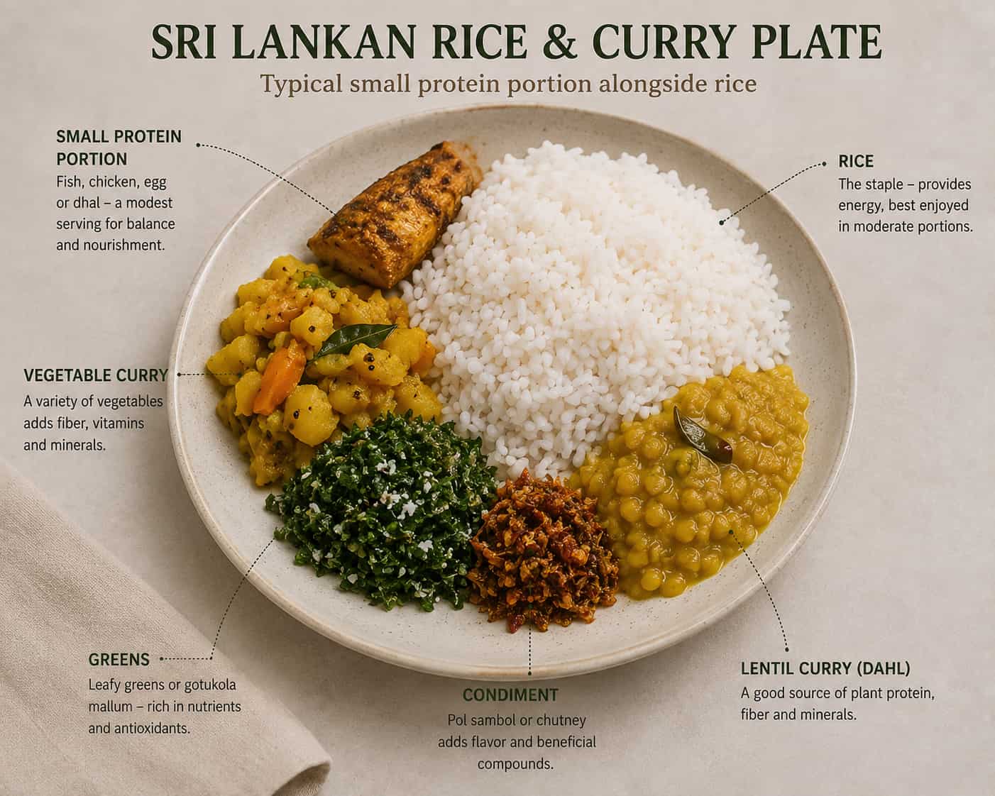 A Sri Lankan rice and curry plate showing typical small protein portion alongside rice