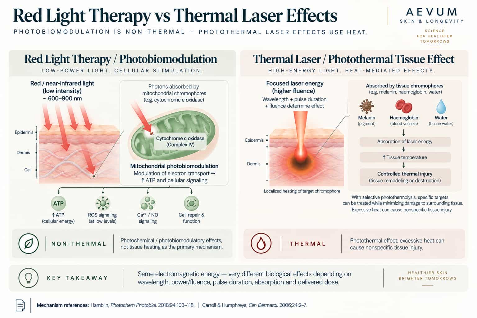 A diagram contrasting red light therapy's non-thermal, mitochondrial mechanism against the thermal, tissue-damaging mechanism covered in the Laser article