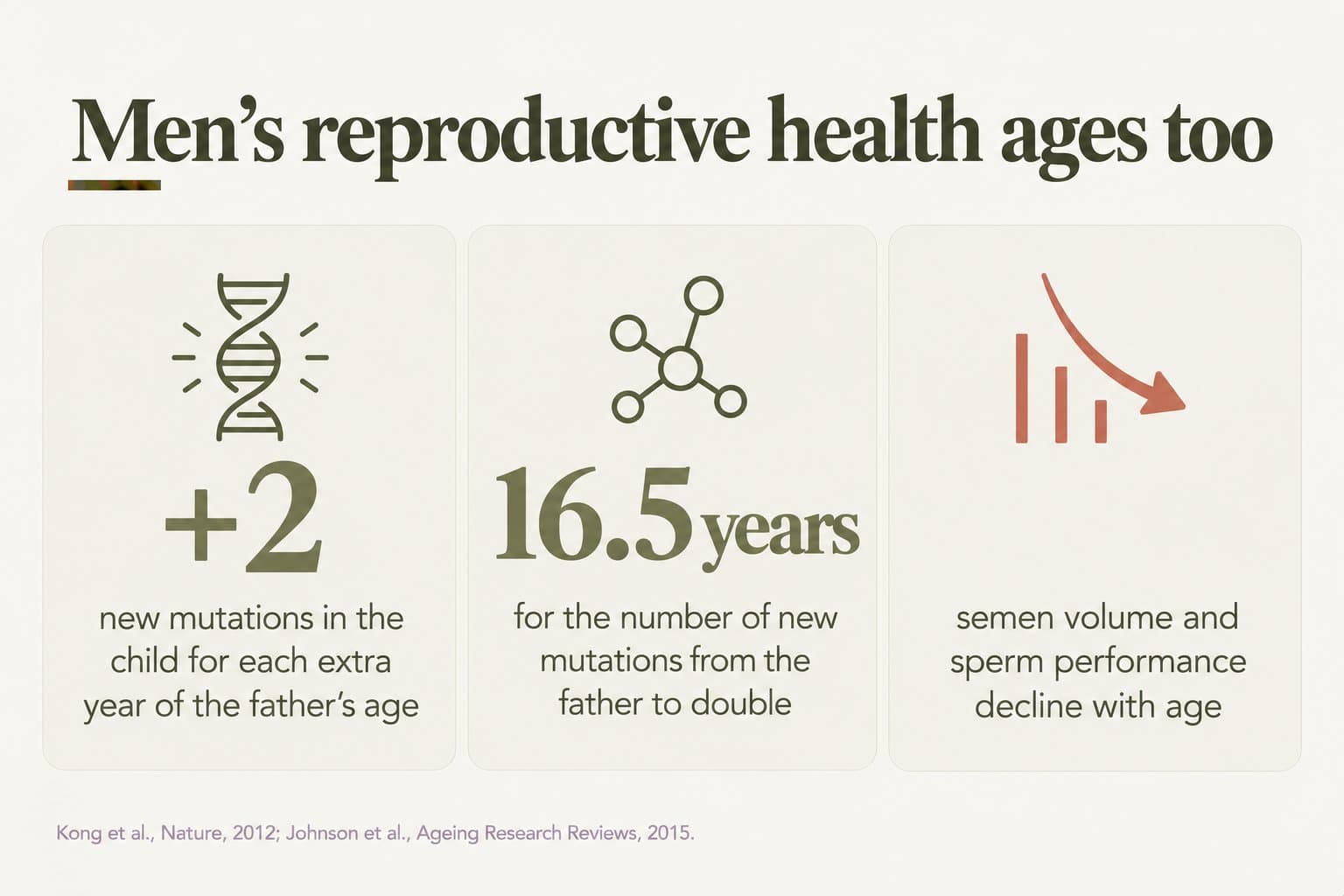 Stat tiles, men's reproductive health ages too: about 2 new mutations in the child for each extra year of the father's age, the number of new mutations from the father doubling every 16.5 years, and semen volume and sperm performance declining with age (Kong et al., Nature, 2012; Johnson et al., Ageing Research Reviews, 2015)