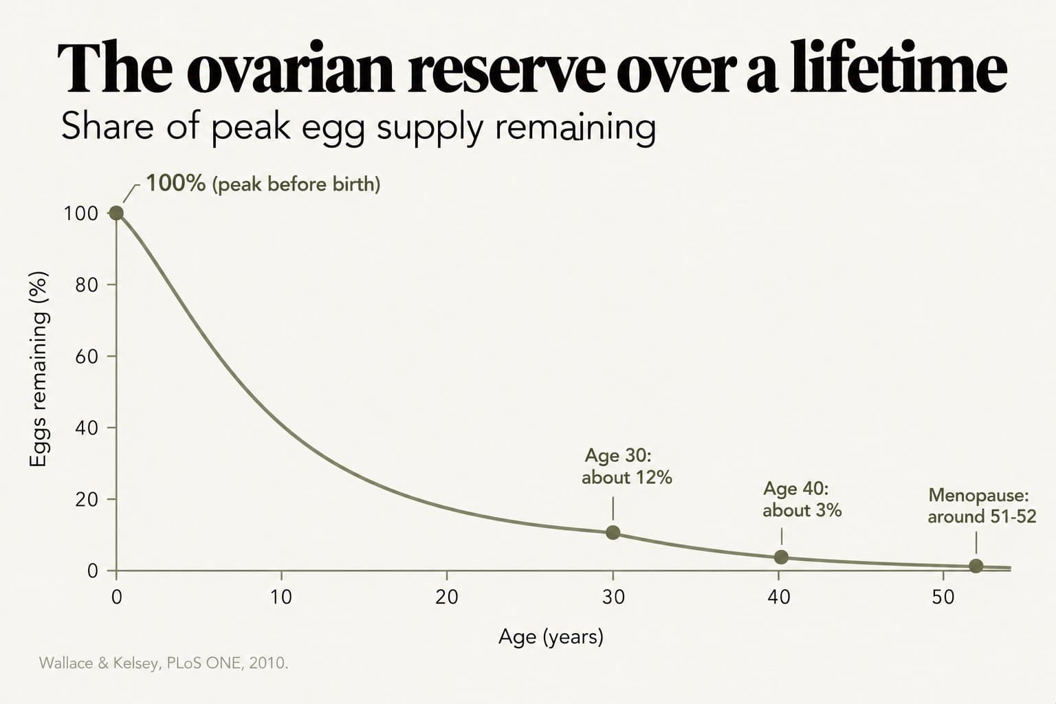 Line chart, the ovarian reserve over a lifetime: the share of peak egg supply is highest before birth and falls continuously, to about 12% at age 30 and about 3% at age 40, with menopause around 51-52 (Wallace & Kelsey, PLoS ONE, 2010)