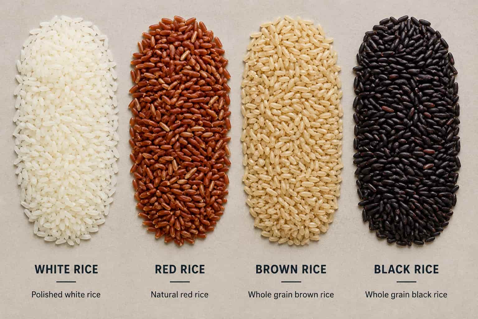 White, red, brown, and black rice grains side by side