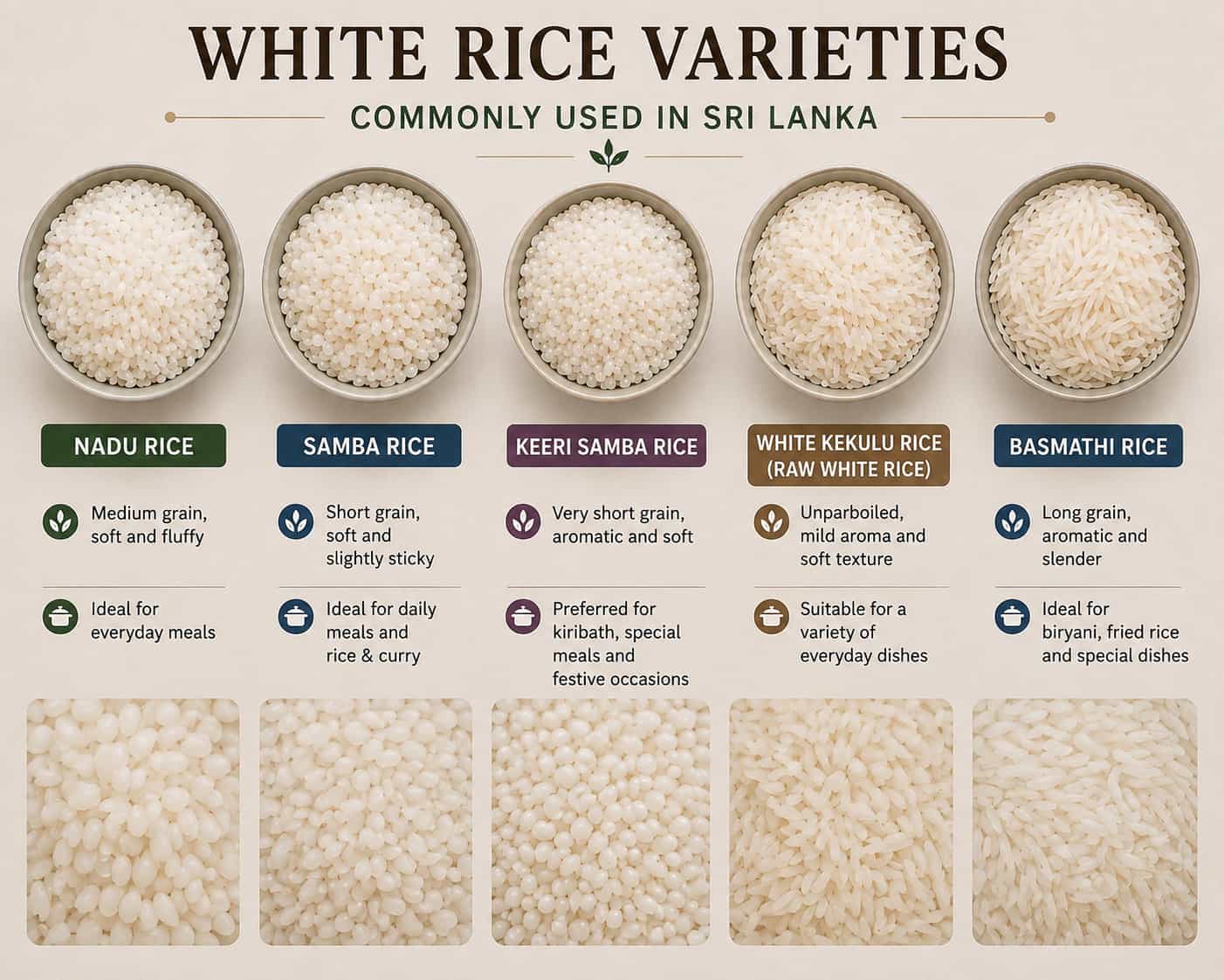 White rice varieties in bowls