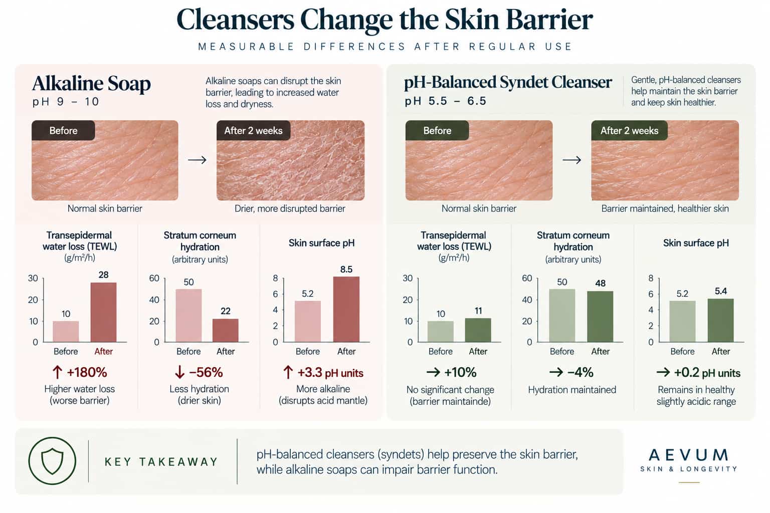 A before/after style comparison illustrating measured barrier function differences between alkaline soap and pH-balanced syndet cleanser use