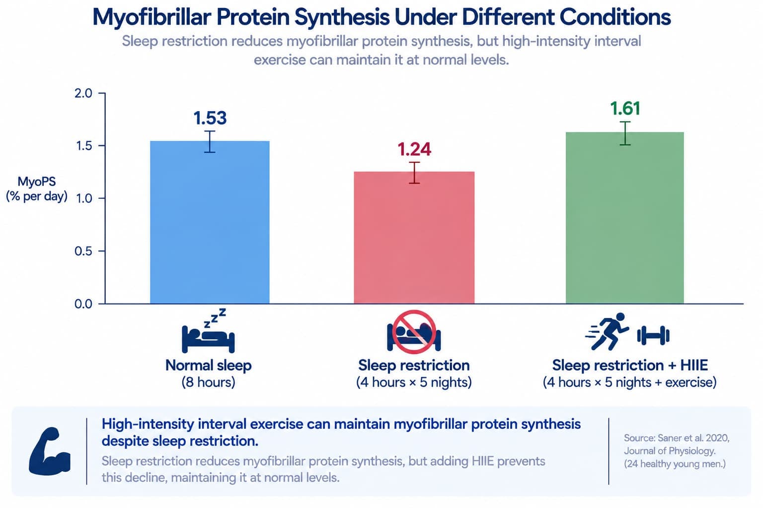 A bar chart comparing myofibrillar protein synthesis rates across normal sleep, sleep restriction alone, and sleep restriction combined with high-intensity exercise, from Saner et al. 2020
