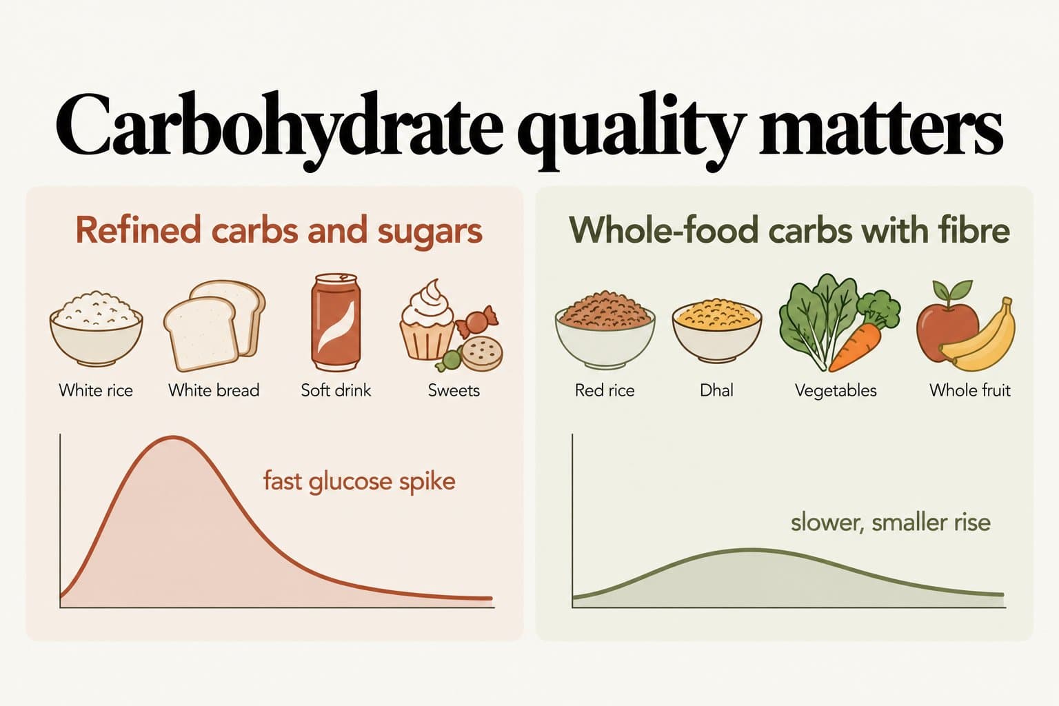 Diagram, carbohydrate quality matters: refined carbs and sugars such as white rice, white bread, soft drinks and sweets cause a fast glucose spike, while whole-food carbs with fibre such as red rice, dhal, vegetables and whole fruit cause a slower, smaller rise