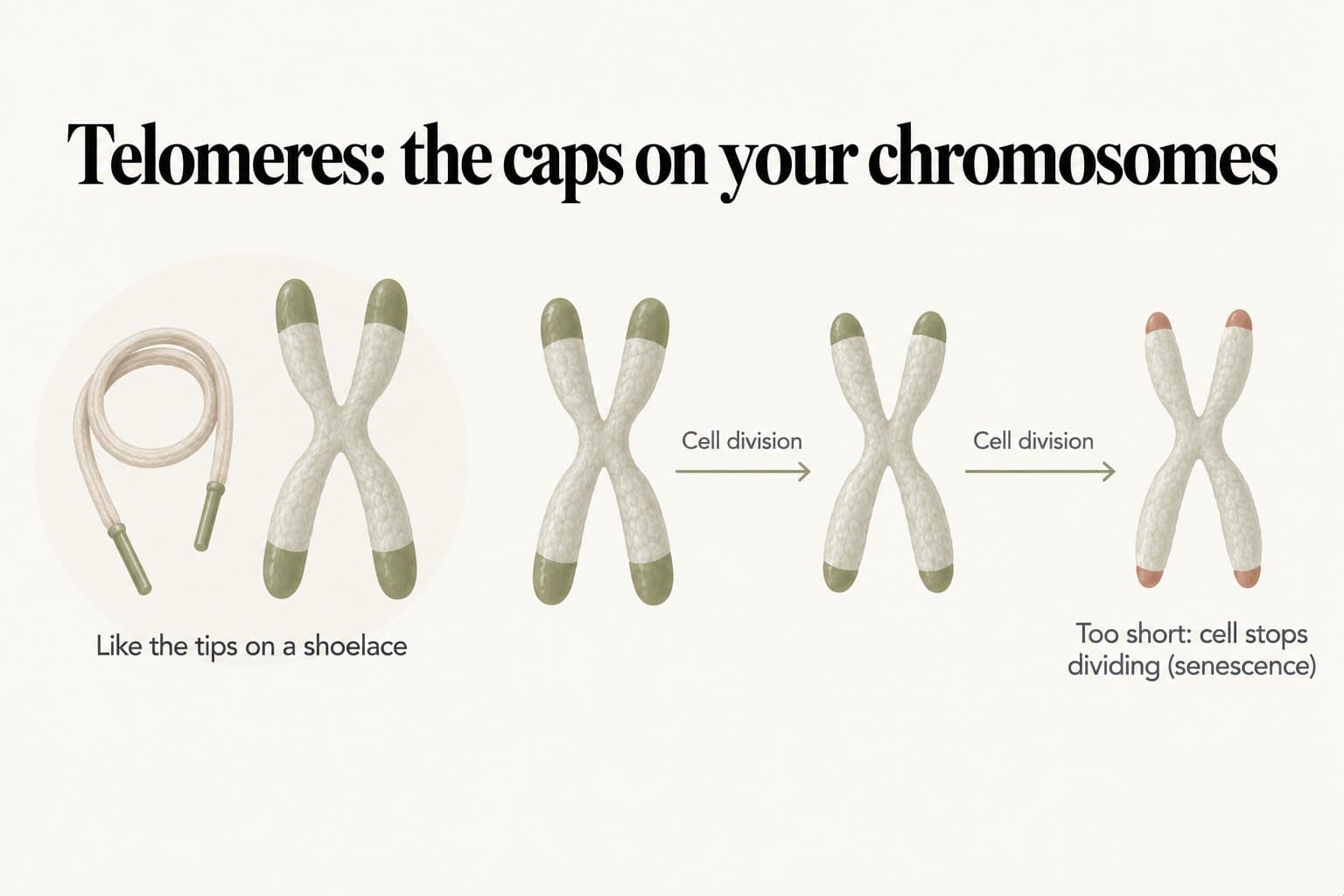 Diagram, telomeres: the caps on your chromosomes. A chromosome's end caps are compared to the tips on a shoelace, and the caps get shorter with each cell division until, when too short, the cell stops dividing (senescence)