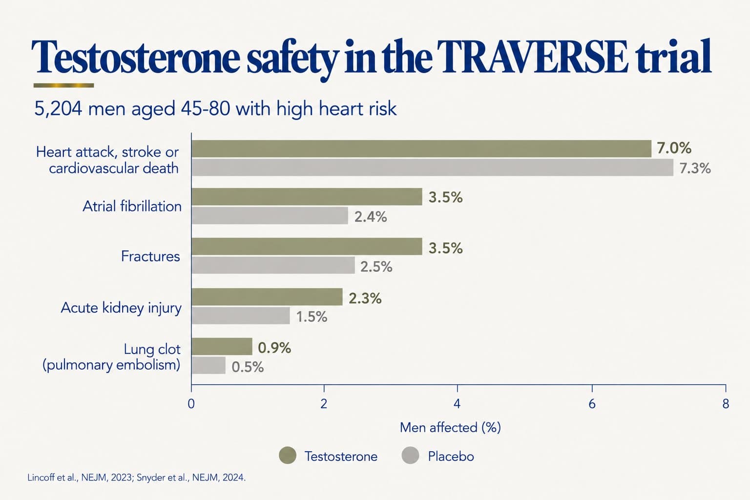 Grouped bar chart of TRAVERSE safety results in 5,204 men aged 45-80 with high heart risk, testosterone vs placebo: heart attack, stroke or cardiovascular death 7.0% vs 7.3%; atrial fibrillation 3.5% vs 2.4%; fractures 3.5% vs 2.5%; acute kidney injury 2.3% vs 1.5%; lung clot (pulmonary embolism) 0.9% vs 0.5% (Lincoff et al., NEJM, 2023; Snyder et al., NEJM, 2024)