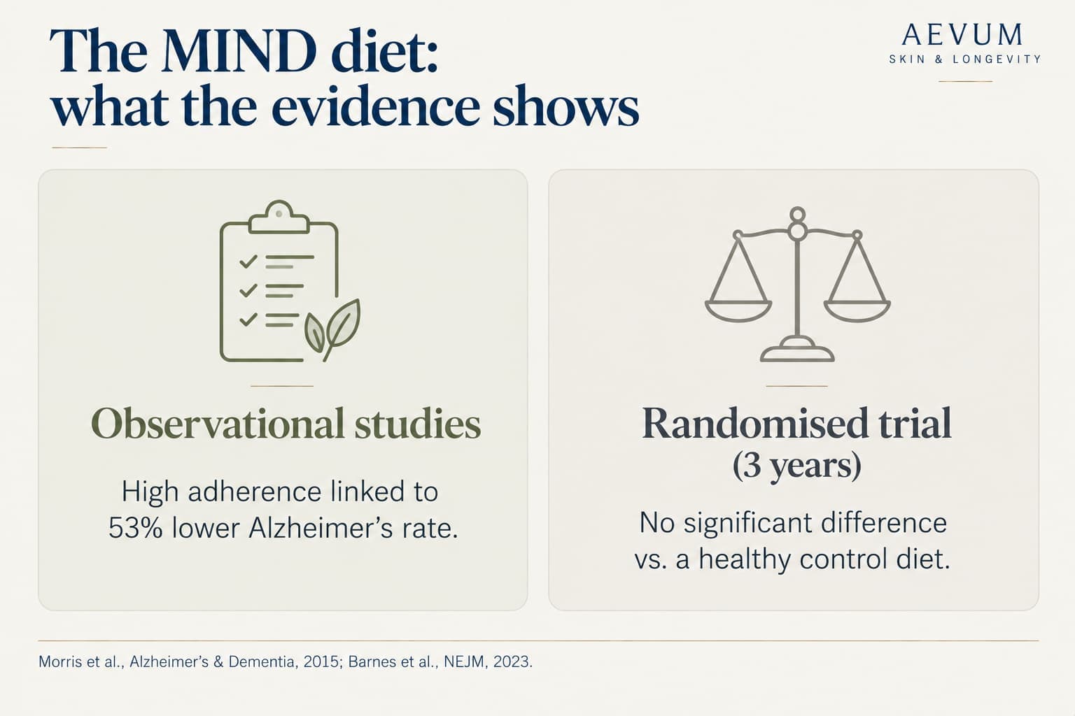 Two-panel comparison: in observational studies, high MIND diet adherence was linked to a 53% lower Alzheimer's rate; in a 3-year randomised trial, there was no significant difference versus a healthy control diet