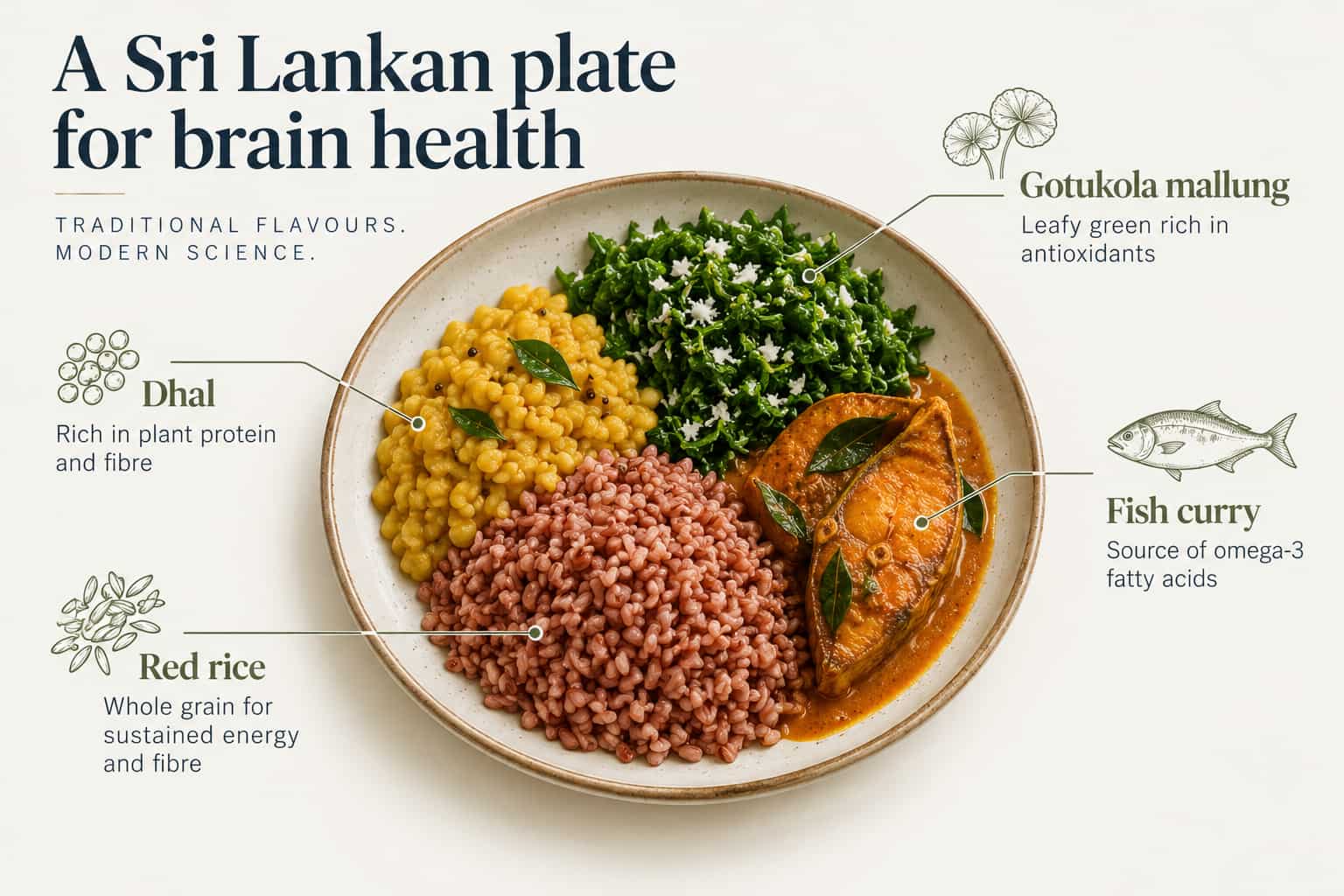 A Sri Lankan plate for brain health: red rice (whole grain), dhal (plant protein and fibre), gotukola mallung (leafy green) and fish curry (source of omega-3 fatty acids)