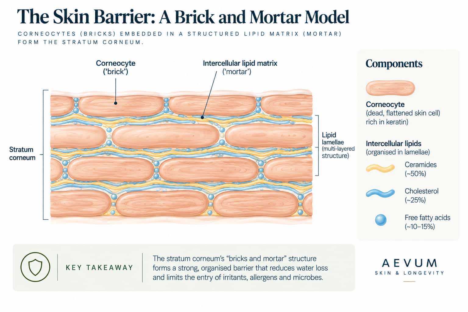 A simplified brick and mortar diagram of the stratum corneum, showing corneocytes embedded in a structured lipid matrix