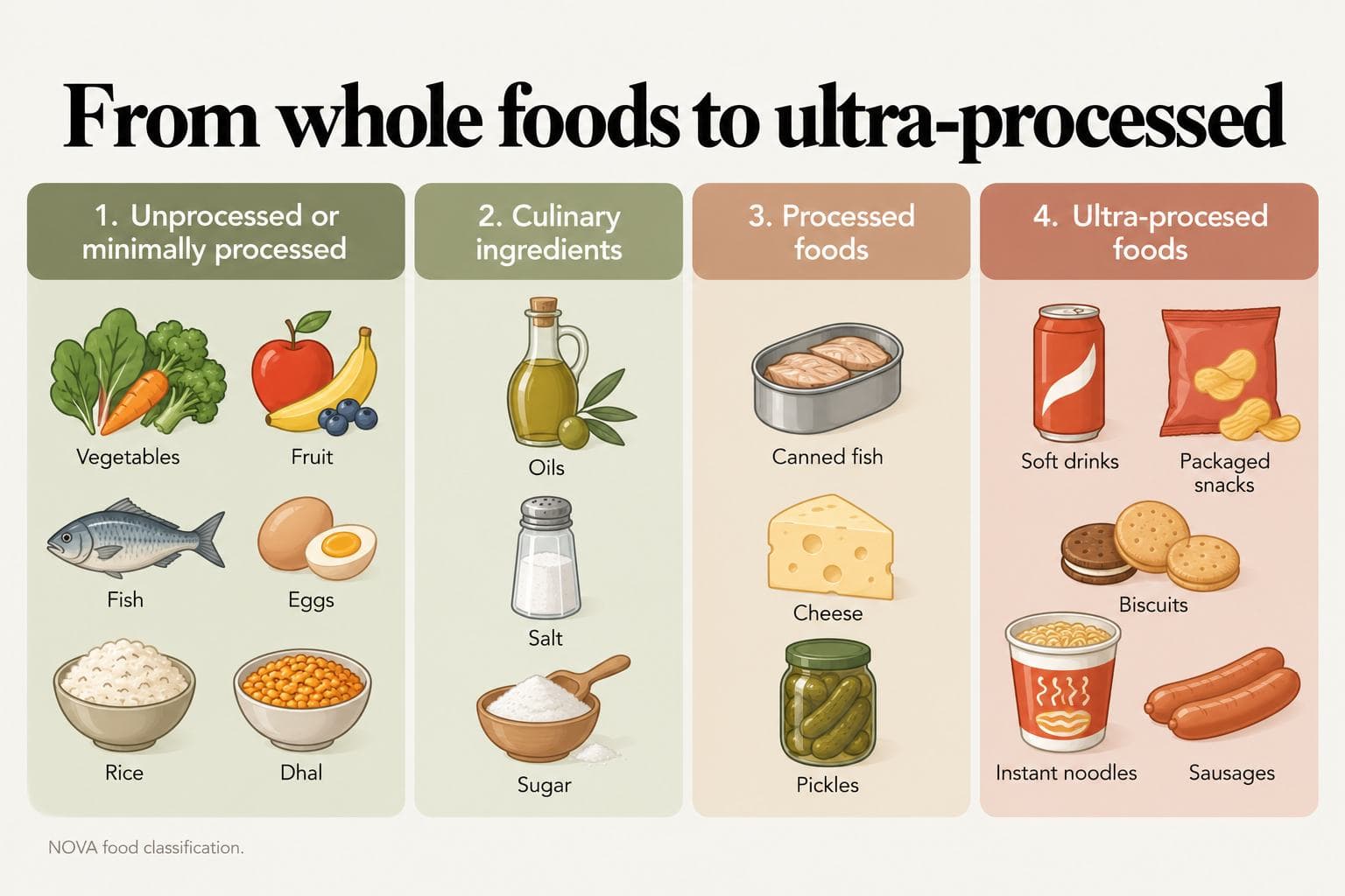 Diagram, from whole foods to ultra-processed: the four NOVA groups are 1, unprocessed or minimally processed foods such as vegetables, fruit, fish, eggs, rice and dhal; 2, culinary ingredients such as oils, salt and sugar; 3, processed foods such as canned fish, cheese and pickles; and 4, ultra-processed foods such as soft drinks, packaged snacks, biscuits, instant noodles and sausages