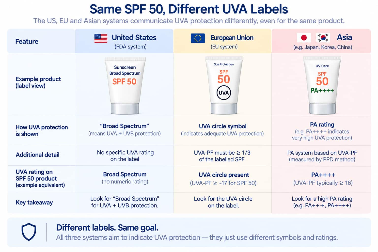 A comparison table showing how the US, EU, and Asian systems each communicate UVA protection differently on the same hypothetical SPF 50 product