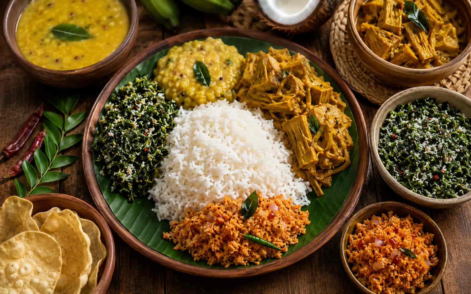 A Sri Lankan vegetarian rice and curry spread — dhal, jackfruit curry, mallum, coconut sambol