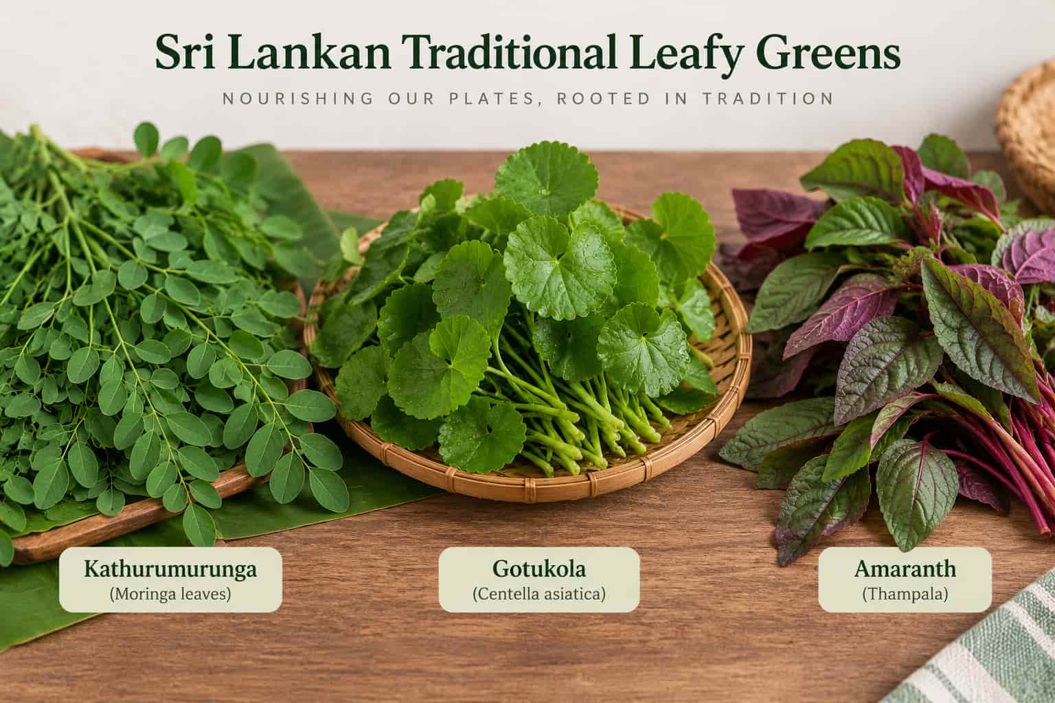 Sri Lankan traditional leafy greens — kathurumurunga, gotukola, amaranth