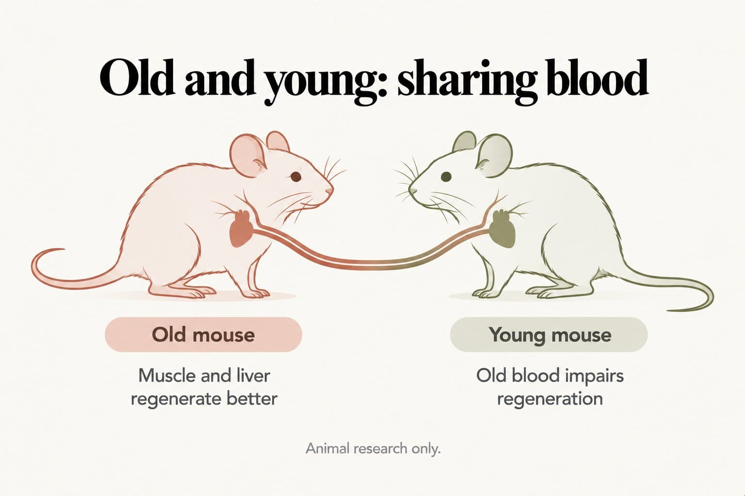 Diagram, old and young: sharing blood. An old mouse and a young mouse share a circulation; the old mouse's muscle and liver regenerate better, while old blood impairs regeneration in the young mouse; animal research only