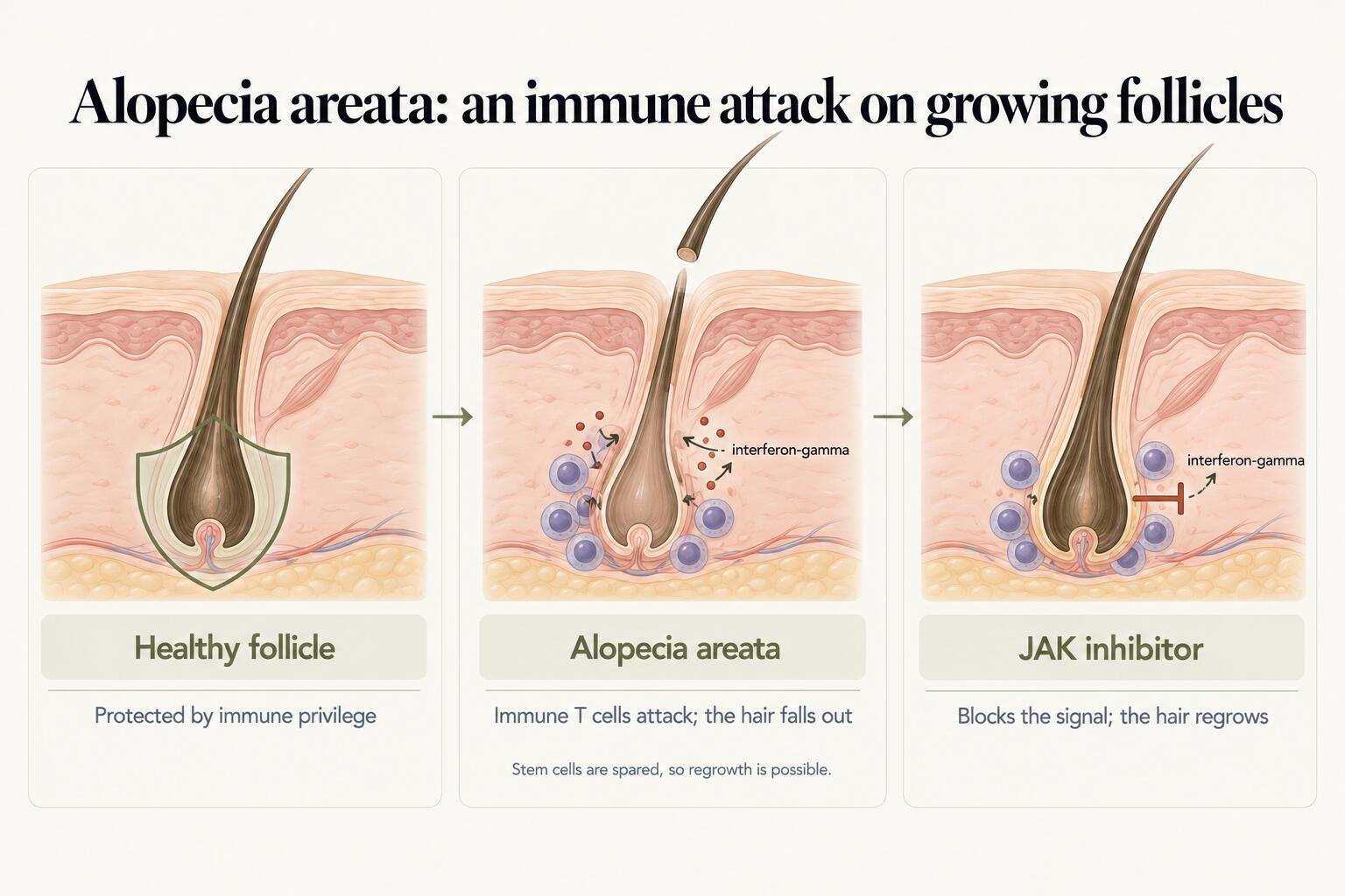 Alopecia areata, an immune attack on growing follicles: a healthy follicle is protected by immune privilege; in alopecia areata, immune T cells release interferon-gamma and the hair falls out, though stem cells are spared so regrowth is possible; a JAK inhibitor blocks the signal and the hair regrows