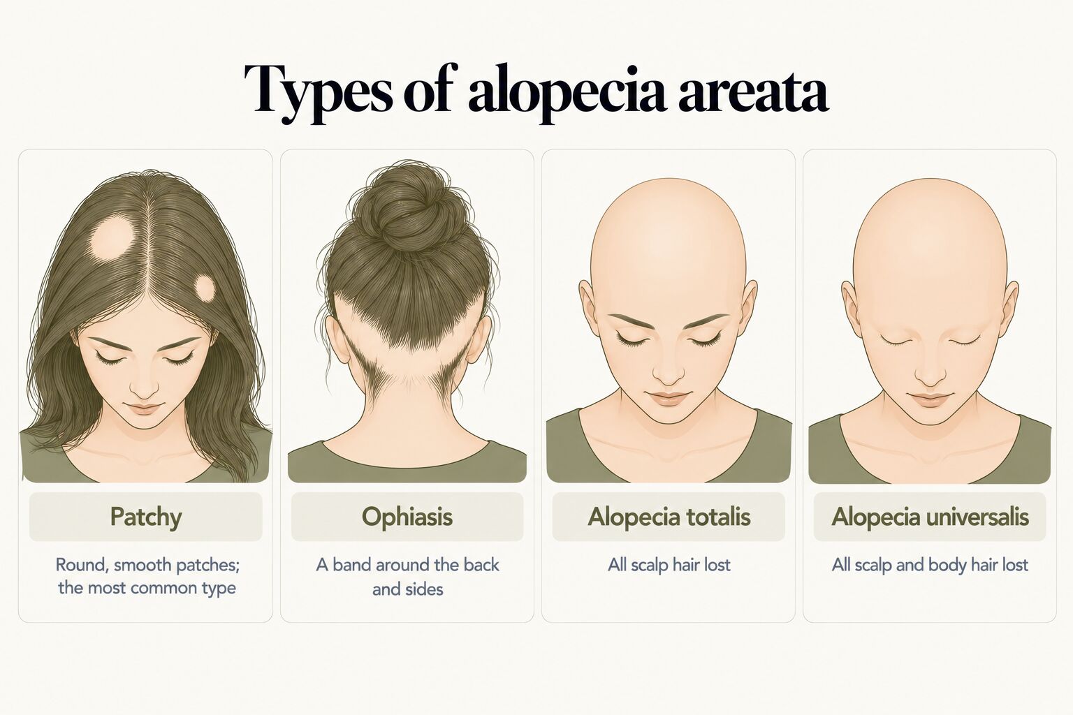 Types of alopecia areata: patchy, with round smooth patches, the most common type; ophiasis, a band around the back and sides; alopecia totalis, with all scalp hair lost; and alopecia universalis, with all scalp and body hair lost