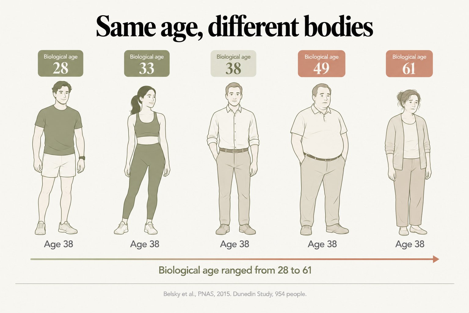 Illustration, same age, different bodies: five people all aged 38 with biological ages of 28, 33, 38, 49 and 61; biological age ranged from 28 to 61 (Belsky et al., PNAS, 2015, Dunedin Study, 954 people)