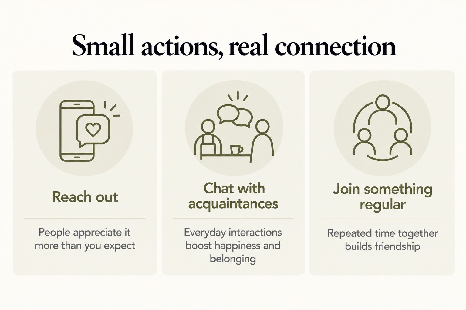 Small actions, real connection: reach out, chat with acquaintances, and join something regular