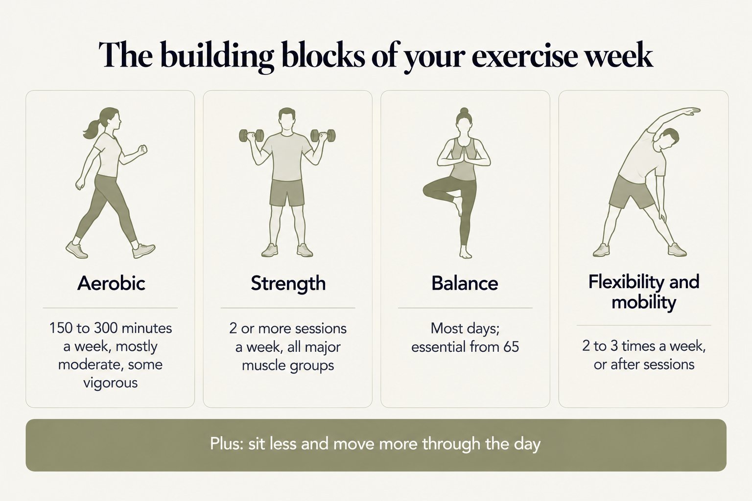 The building blocks of your exercise week: aerobic activity 150 to 300 minutes a week, mostly moderate with some vigorous; strength training on 2 or more days for all major muscle groups; balance most days and essential from 65; flexibility and mobility 2 to 3 times a week or after sessions; plus sit less and move more through the day