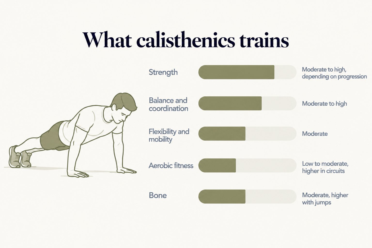 What calisthenics trains: strength moderate to high depending on progression, balance and coordination moderate to high, moderate flexibility and mobility, low to moderate aerobic fitness that rises in circuits, and moderate bone loading that rises with jumps