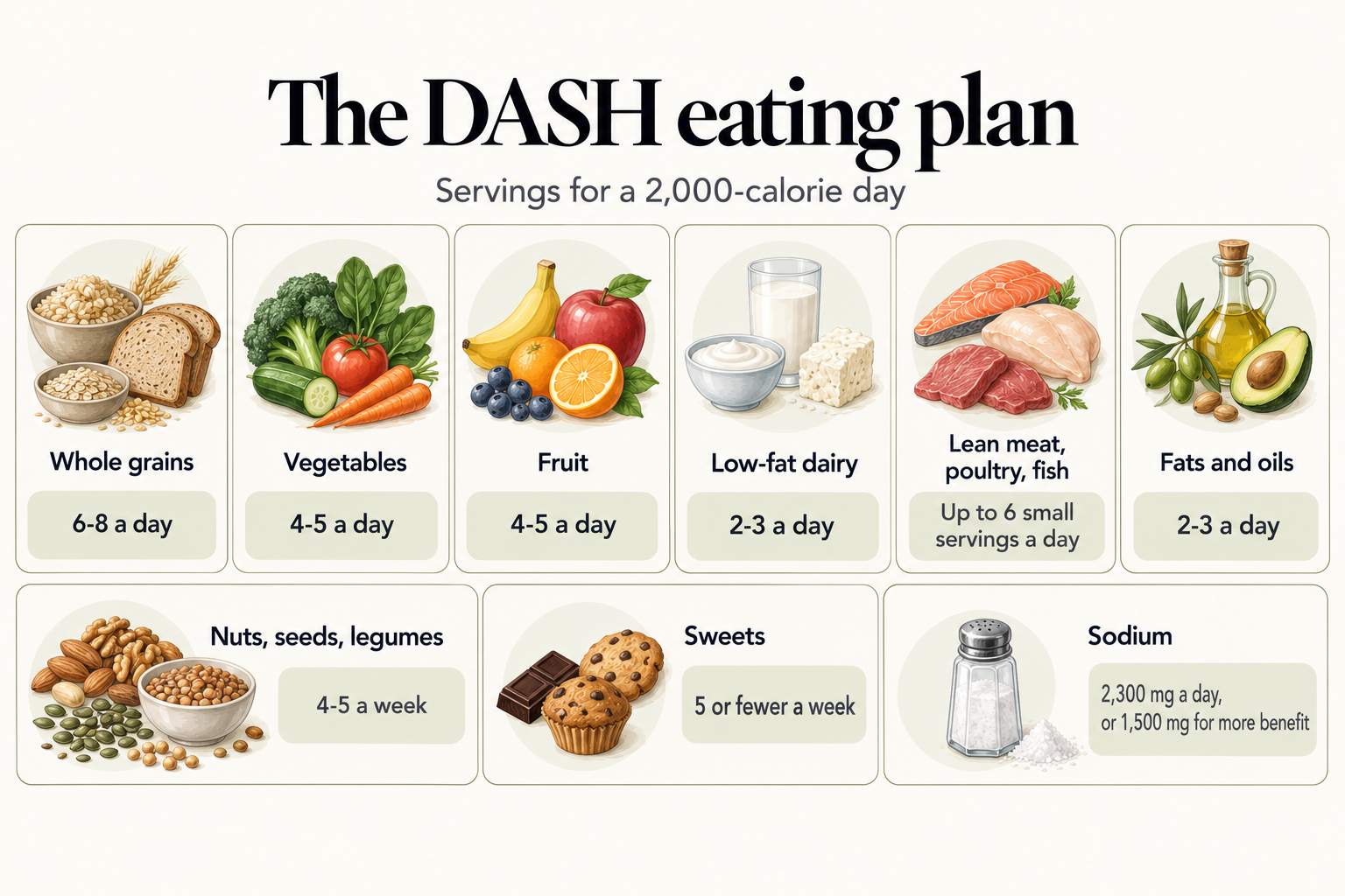The DASH eating plan for a 2,000-calorie day: 6-8 whole grains, 4-5 vegetables, 4-5 fruit, 2-3 low-fat dairy, up to 6 small servings of lean meat, poultry or fish, 2-3 fats and oils, 4-5 weekly nuts, seeds and legumes, 5 or fewer sweets a week, and sodium of 2,300 mg or 1,500 mg a day