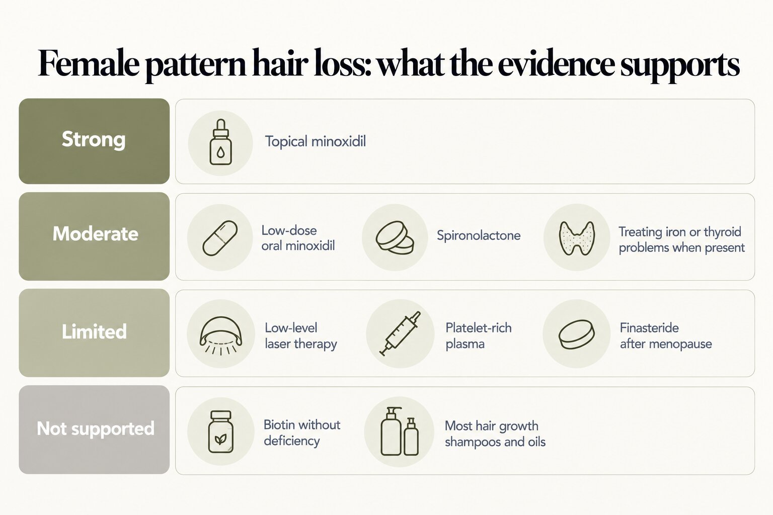 Female pattern hair loss, what the evidence supports: strong for topical minoxidil; moderate for low-dose oral minoxidil, spironolactone and treating iron or thyroid problems when present; limited for low-level laser therapy, platelet-rich plasma and finasteride after menopause; not supported for biotin without deficiency and most hair growth shampoos and oils