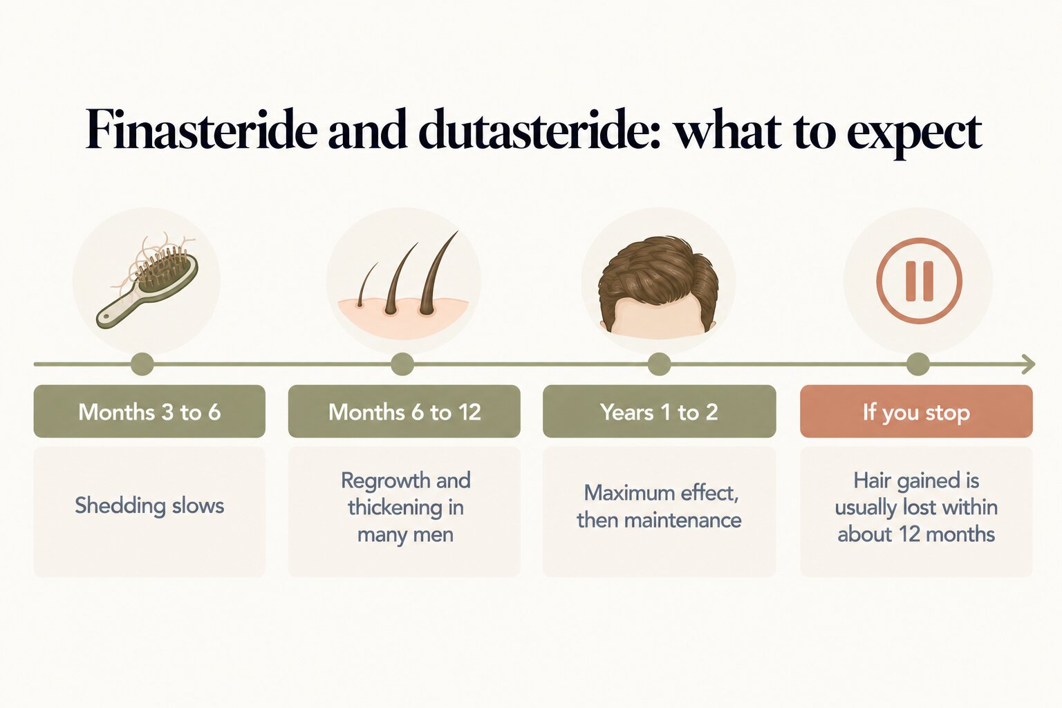Finasteride and dutasteride, what to expect: shedding slows at months 3 to 6; regrowth and thickening in many men at months 6 to 12; maximum effect, then maintenance, at years 1 to 2; if you stop, hair gained is usually lost within about 12 months