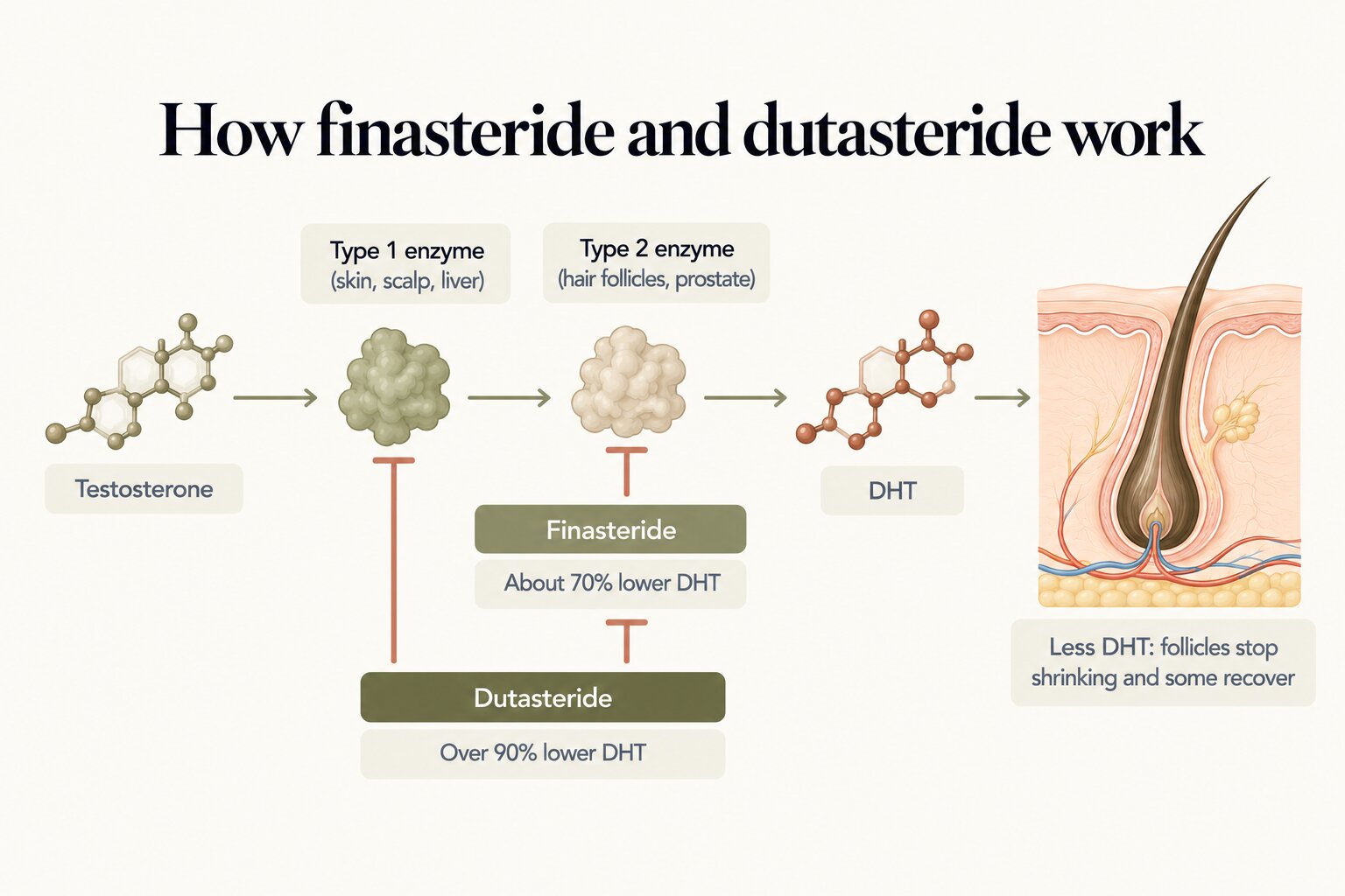 How finasteride and dutasteride work: 5-alpha reductase type 1 (skin, scalp, liver) and type 2 (hair follicles, prostate) convert testosterone into DHT; finasteride blocks mainly type 2, lowering DHT by about 70%, and dutasteride blocks both types, lowering DHT by over 90%; with less DHT, follicles stop shrinking and some recover