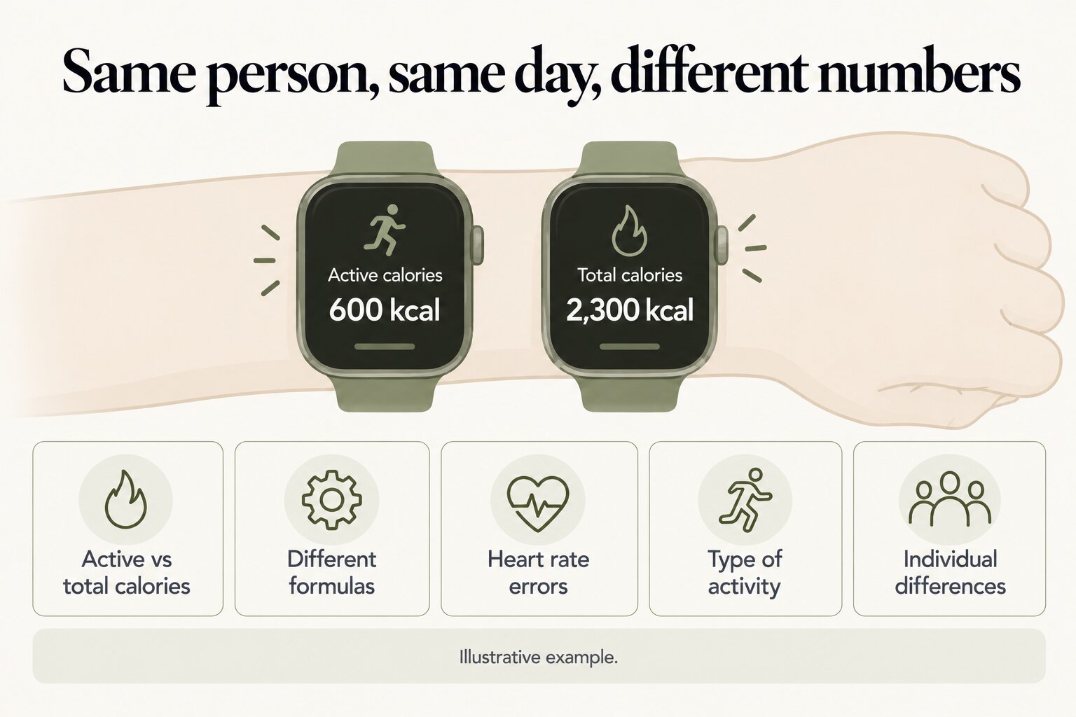 Same person, same day, different numbers: one watch shows 600 active calories and another shows 2,300 total calories, because of active vs total calories, different formulas, heart rate errors, type of activity and individual differences (illustrative example)