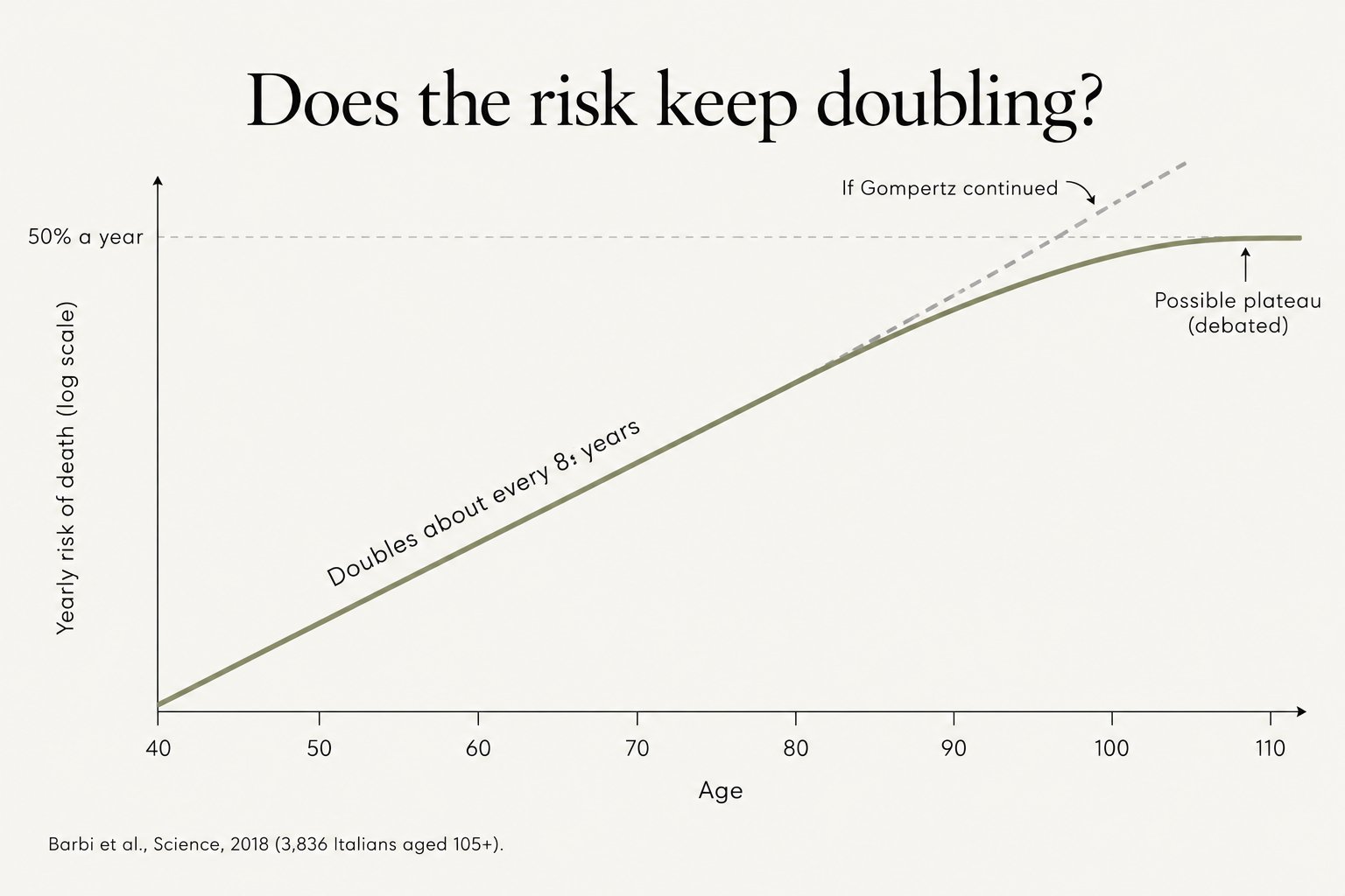 Does the risk keep doubling? On a log scale, yearly risk of death rises in a straight line from 40 to about 80, then may flatten at about 50% a year between 105 and 110 (debated)