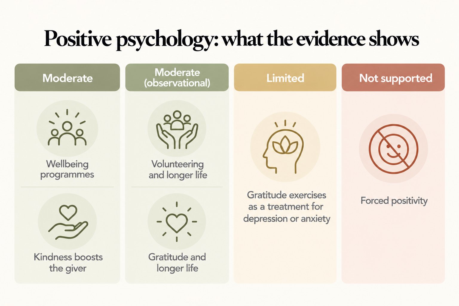 Positive psychology evidence scorecard: moderate for wellbeing programmes and kindness; moderate observational for volunteering and gratitude; limited for gratitude as treatment; forced positivity not supported