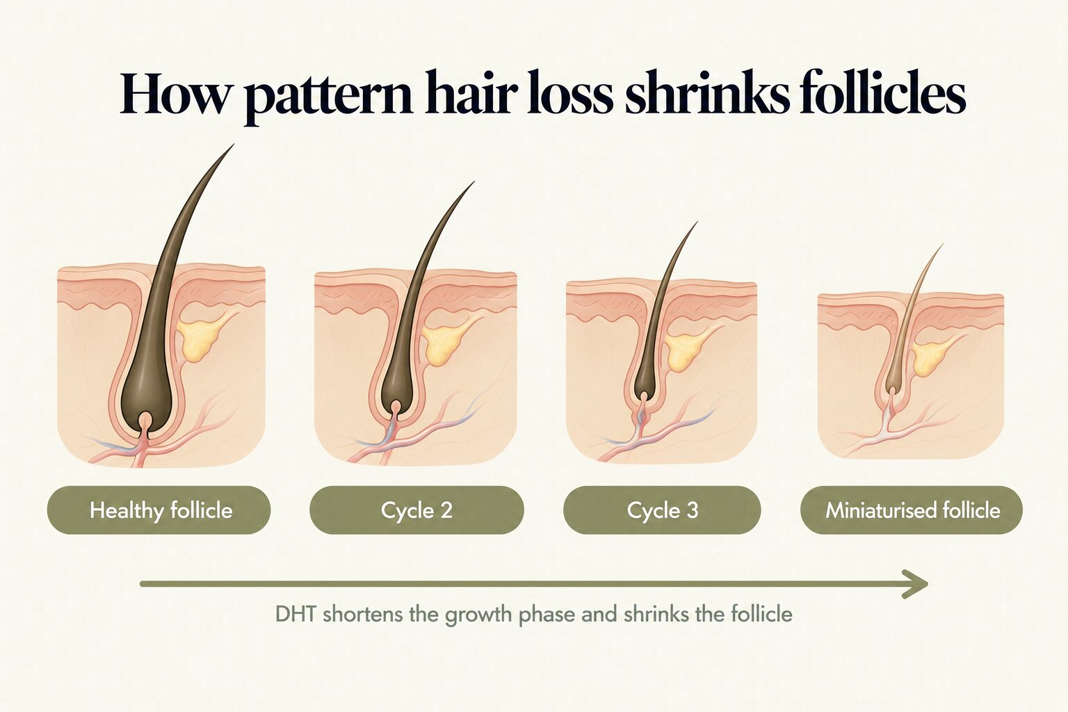 How pattern hair loss shrinks follicles: over successive cycles a healthy follicle with a thick dark hair becomes a miniaturised follicle with a fine, short, pale hair, as DHT shortens the growth phase and shrinks the follicle