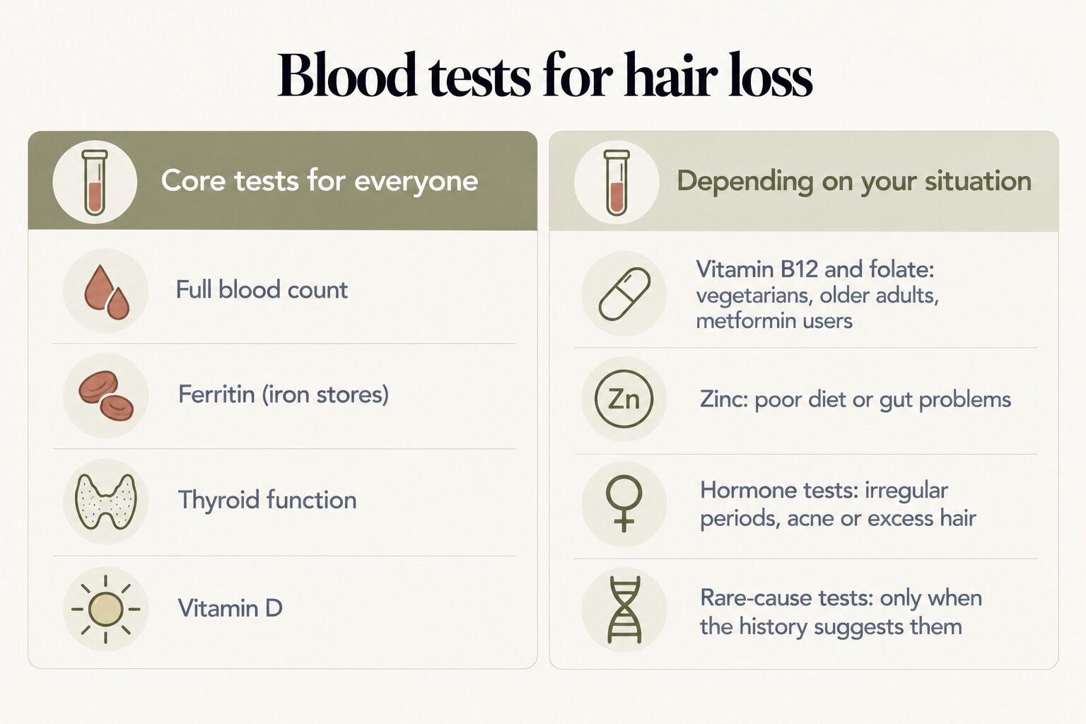 Blood tests for hair loss: core tests for everyone are a full blood count, ferritin (iron stores), thyroid function and vitamin D; depending on your situation, vitamin B12 and folate for vegetarians, older adults and metformin users, zinc for poor diet or gut problems, hormone tests for irregular periods, acne or excess hair, and rare-cause tests only when the history suggests them