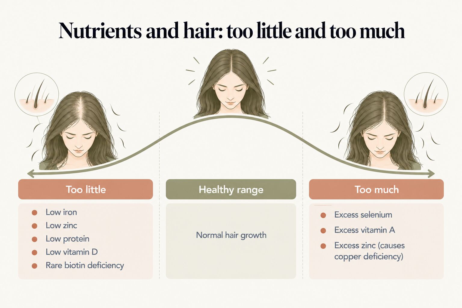 Nutrients and hair, too little and too much: low iron, zinc, protein or vitamin D and rare biotin deficiency can cause hair loss; the healthy range supports normal hair growth; excess selenium, excess vitamin A and excess zinc, which causes copper deficiency, can also cause hair loss