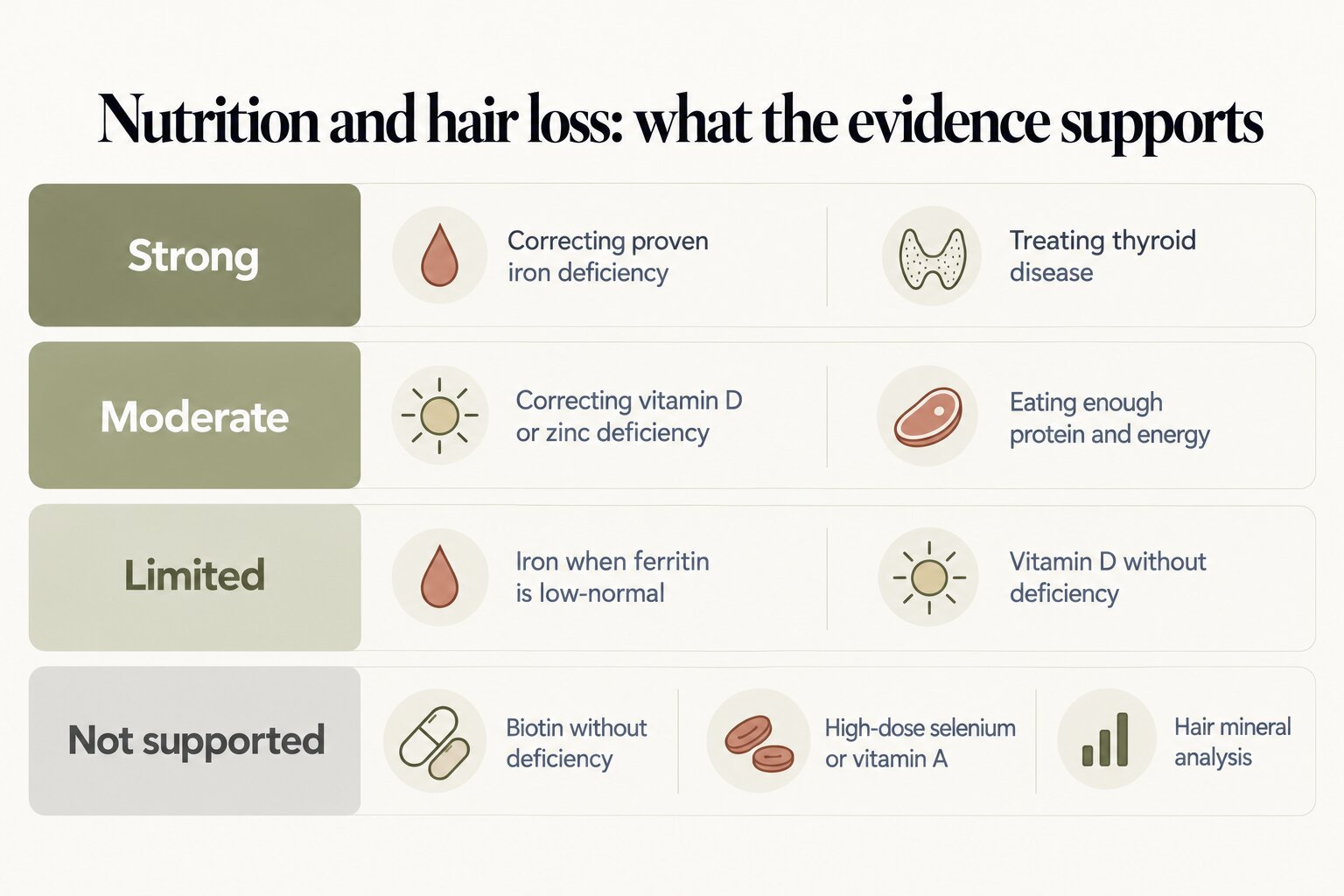 Nutrition and hair loss, what the evidence supports: strong for correcting proven iron deficiency and treating thyroid disease; moderate for correcting vitamin D or zinc deficiency and eating enough protein and energy; limited for iron when ferritin is low-normal and vitamin D without deficiency; not supported for biotin without deficiency, high-dose selenium or vitamin A, and hair mineral analysis