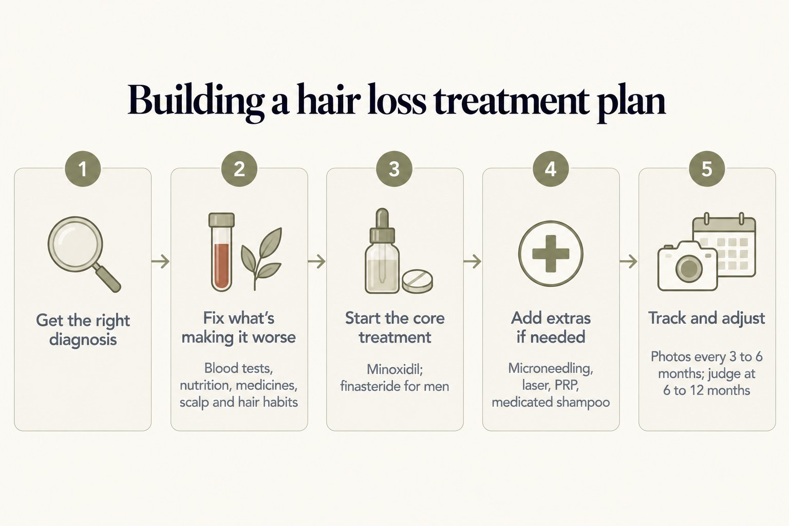 Building a hair loss treatment plan in five steps: get the right diagnosis; fix what's making it worse with blood tests, nutrition, medicine review and scalp and hair habits; start the core treatment of minoxidil, and finasteride for men; add extras if needed such as microneedling, laser, PRP or medicated shampoo; then track and adjust with photos every 3 to 6 months, judging results at 6 to 12 months