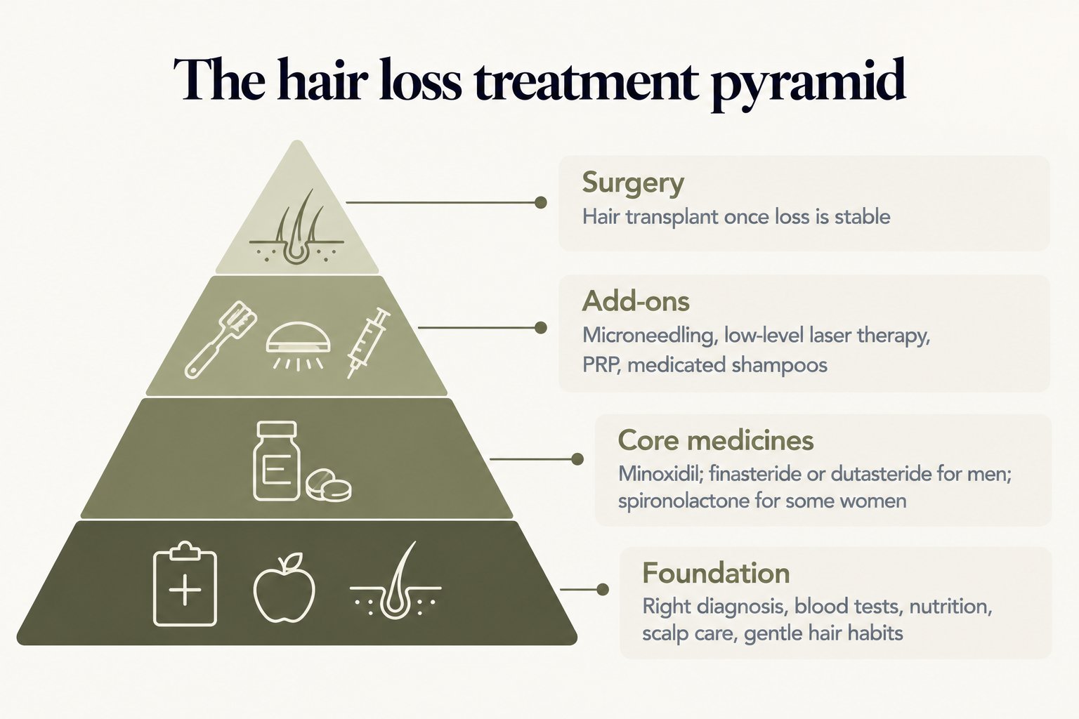 The hair loss treatment pyramid: a foundation of the right diagnosis, blood tests, nutrition, scalp care and gentle hair habits; core medicines of minoxidil, finasteride or dutasteride for men and spironolactone for some women; add-ons of microneedling, low-level laser therapy, PRP and medicated shampoos; and at the top, surgery with a hair transplant once loss is stable