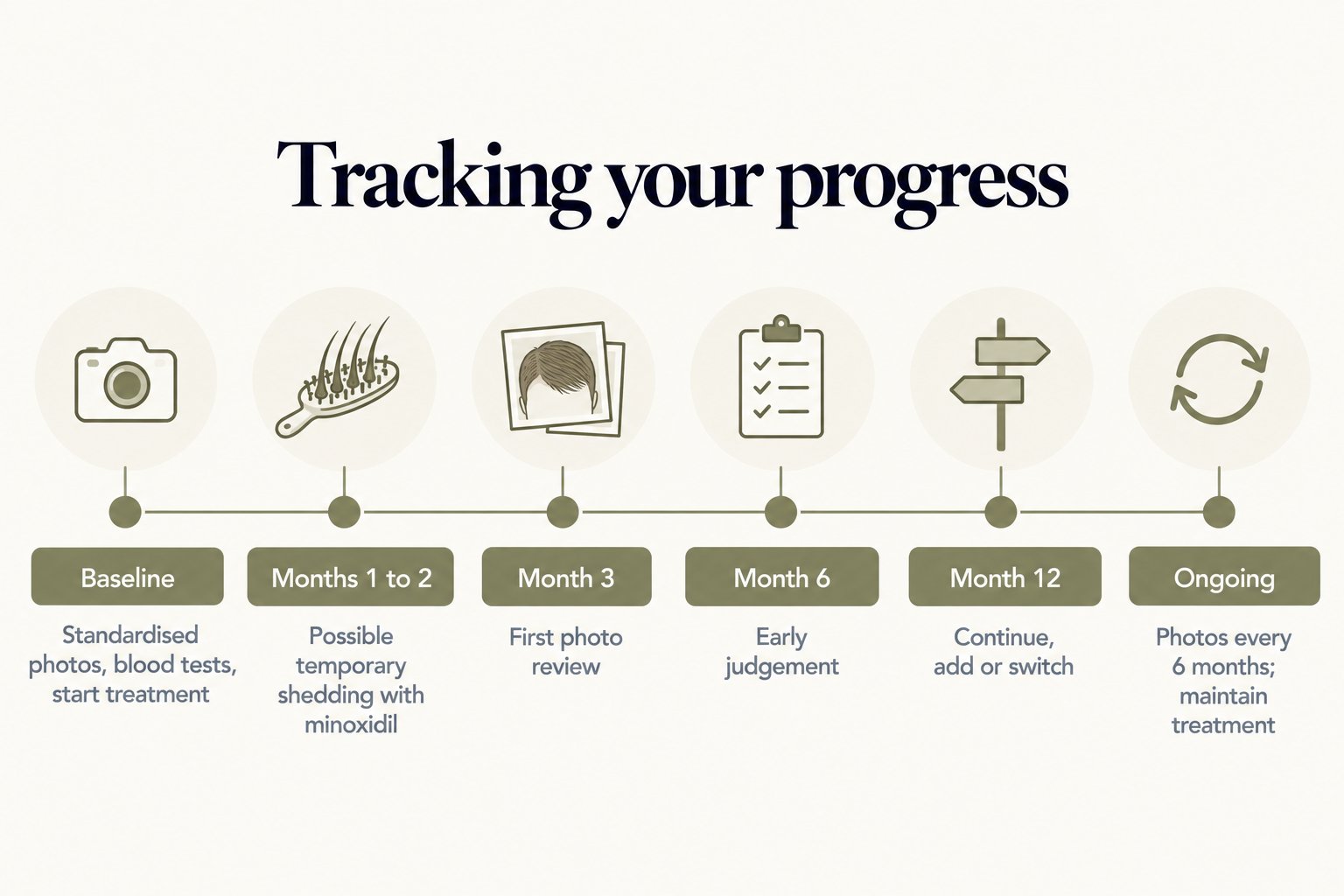 Tracking your progress: baseline standardised photos, blood tests and start of treatment; possible temporary shedding with minoxidil in months 1 to 2; first photo review at month 3; early judgement at month 6; decide to continue, add or switch at month 12; then photos every 6 months while maintaining treatment