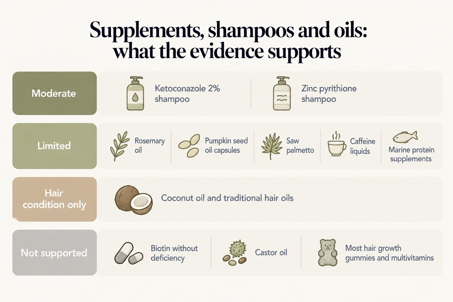 Supplements, shampoos and oils, what the evidence supports: moderate for ketoconazole 2% and zinc pyrithione shampoos; limited for rosemary oil, pumpkin seed oil capsules, saw palmetto, caffeine liquids and marine protein supplements; hair condition only for coconut oil and traditional hair oils; not supported for biotin without deficiency, castor oil and most hair growth gummies and multivitamins