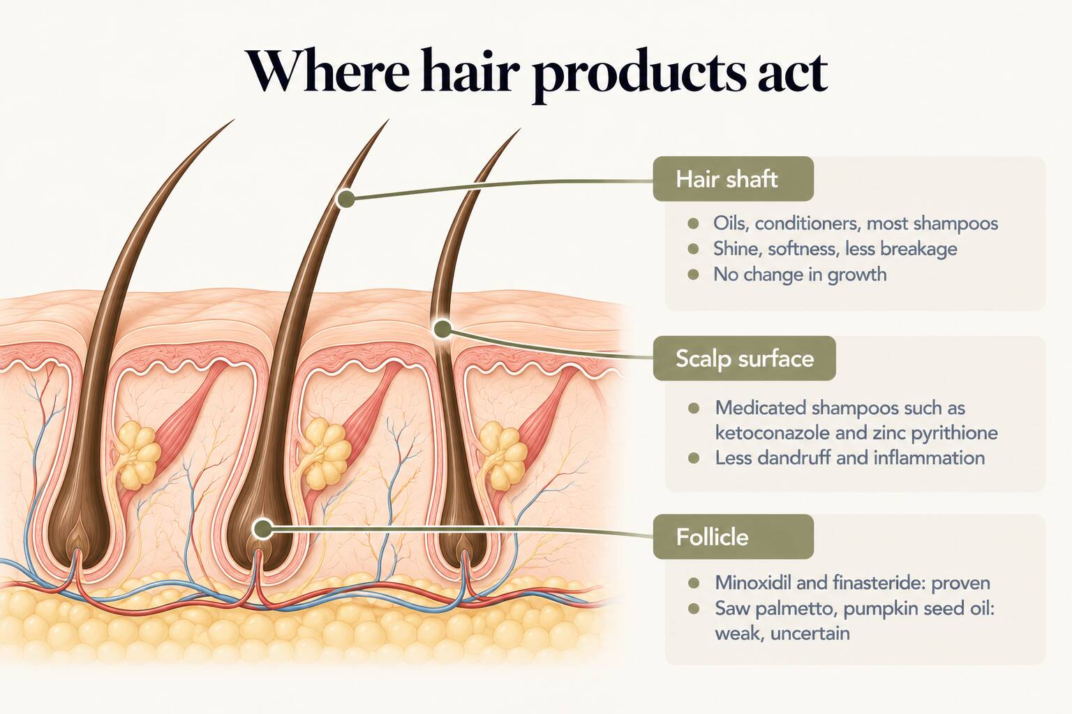 Where hair products act: oils, conditioners and most shampoos act on the hair shaft, improving shine, softness and breakage without changing growth; medicated shampoos such as ketoconazole and zinc pyrithione act on the scalp surface, reducing dandruff and inflammation; minoxidil and finasteride act on the follicle and are proven, while saw palmetto and pumpkin seed oil have weak, uncertain effects