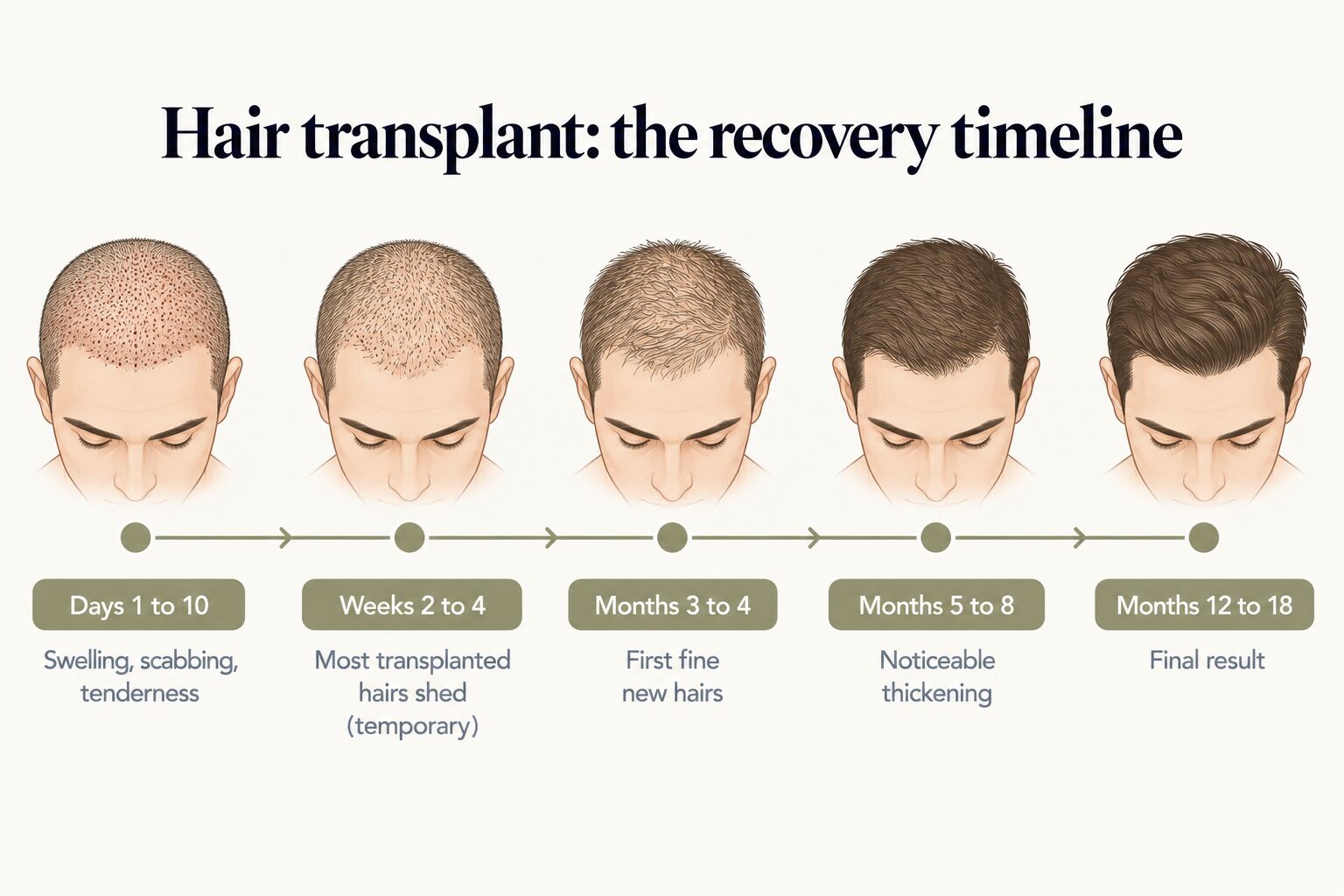 Hair transplant recovery timeline: swelling, scabbing and tenderness in days 1 to 10; most transplanted hairs shed temporarily in weeks 2 to 4; first fine new hairs at months 3 to 4; noticeable thickening at months 5 to 8; final result at months 12 to 18